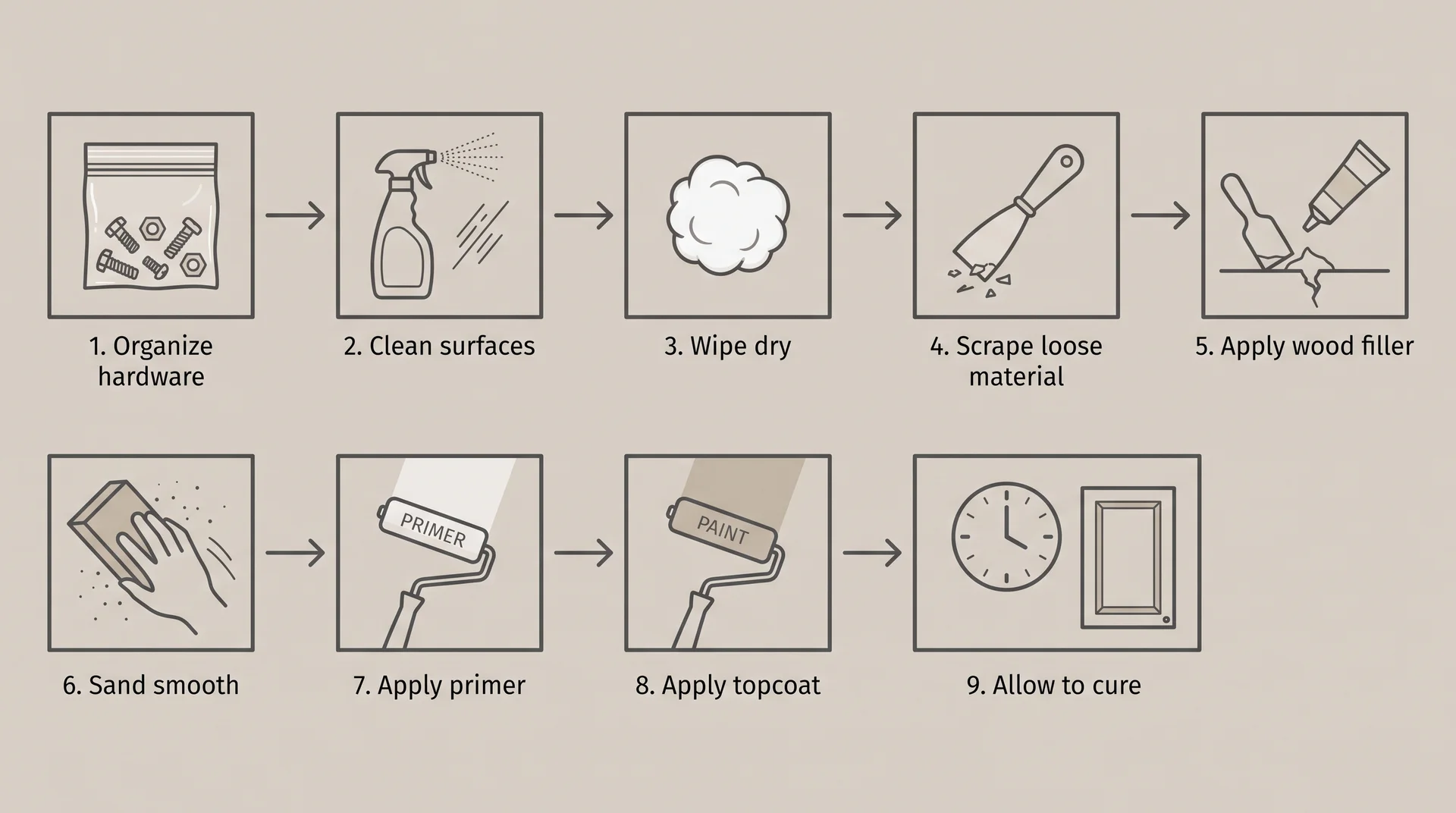 Nine-step numbered diagram for repainting already-painted kitchen cabinets