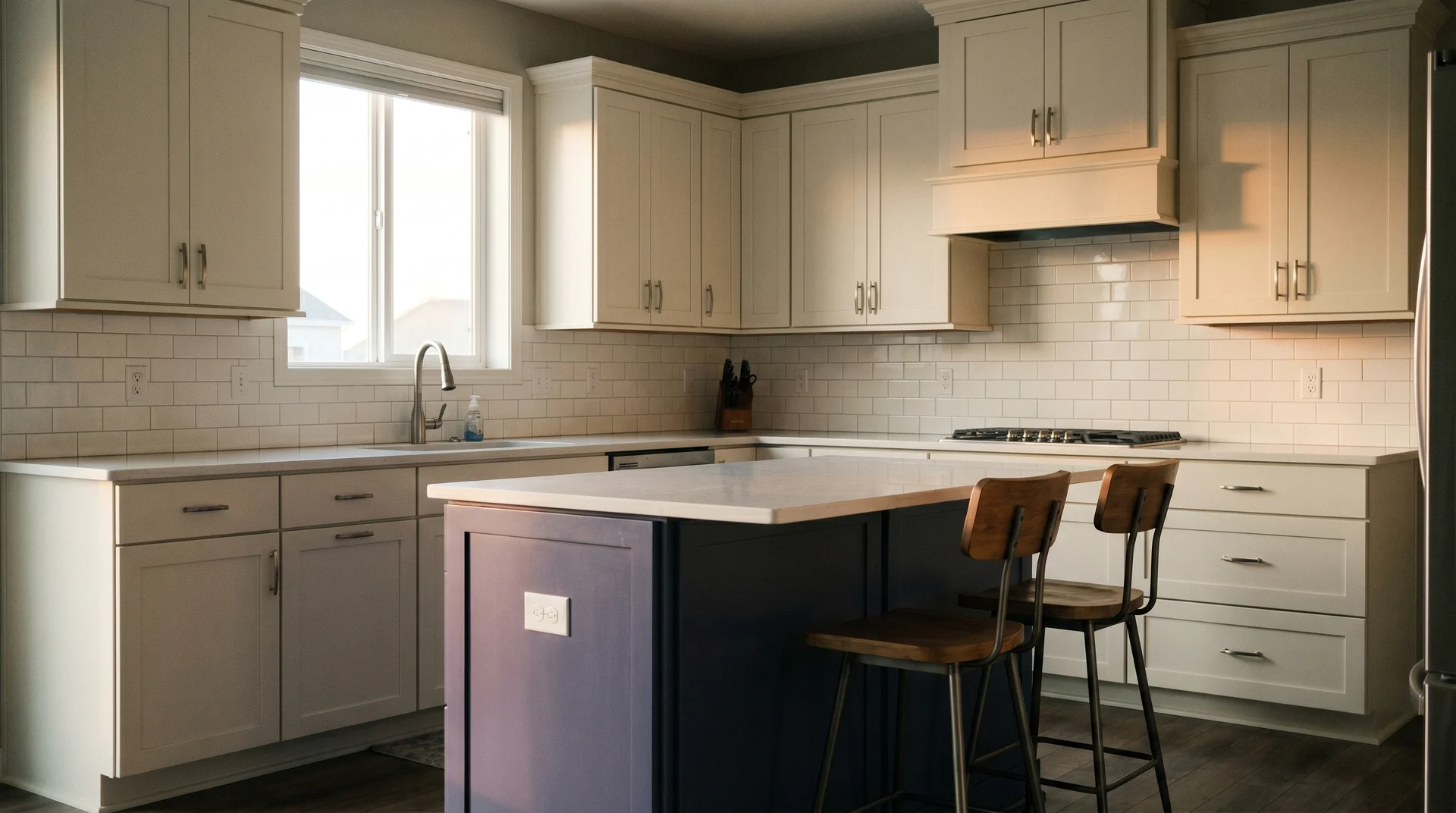 Off-white kitchen with a Van Deusen Blue island showing its slight purple undertone, brushed nickel hardware, afternoon light