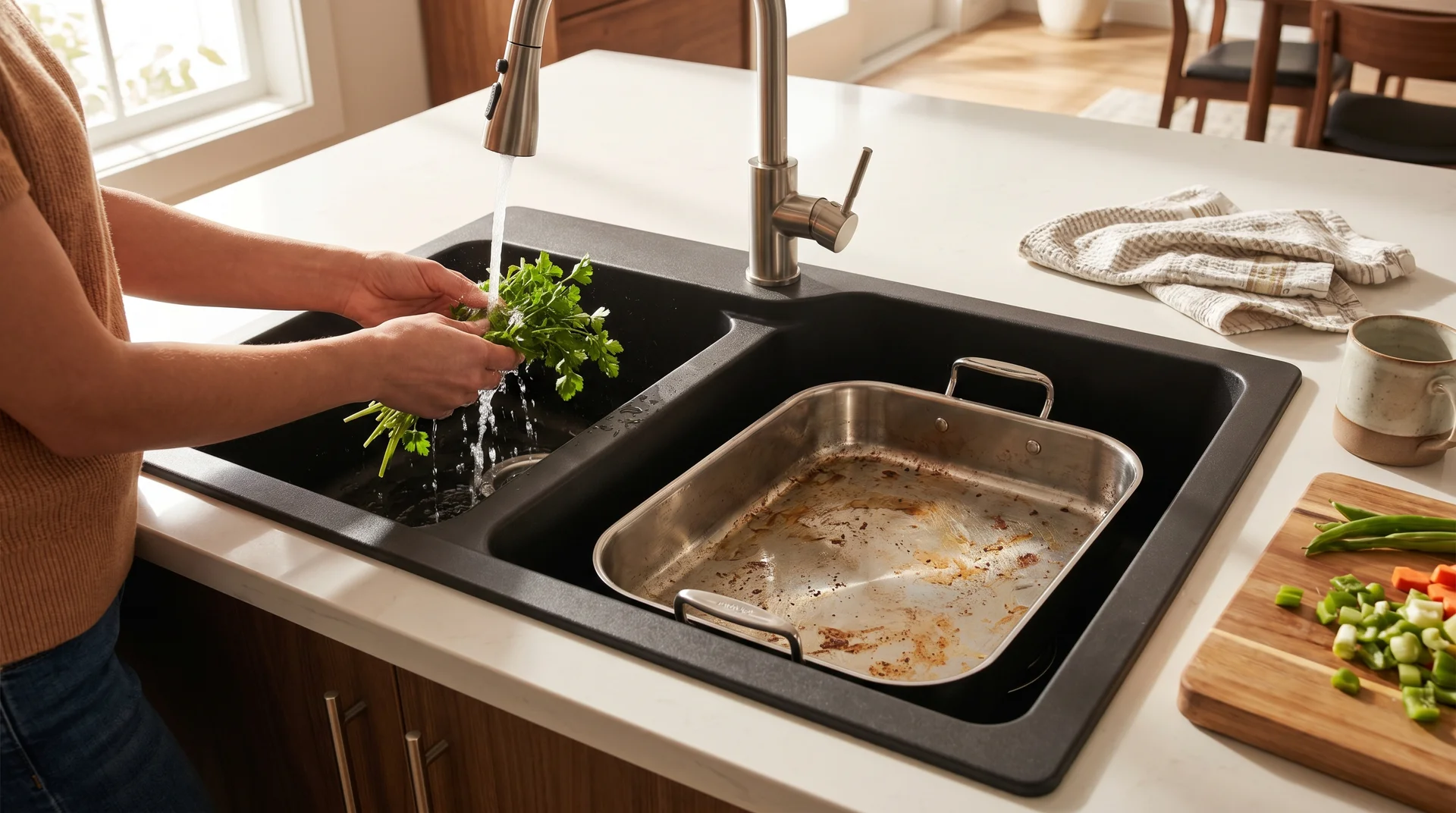 Offset double-bowl sink with separate prep and cookware areas