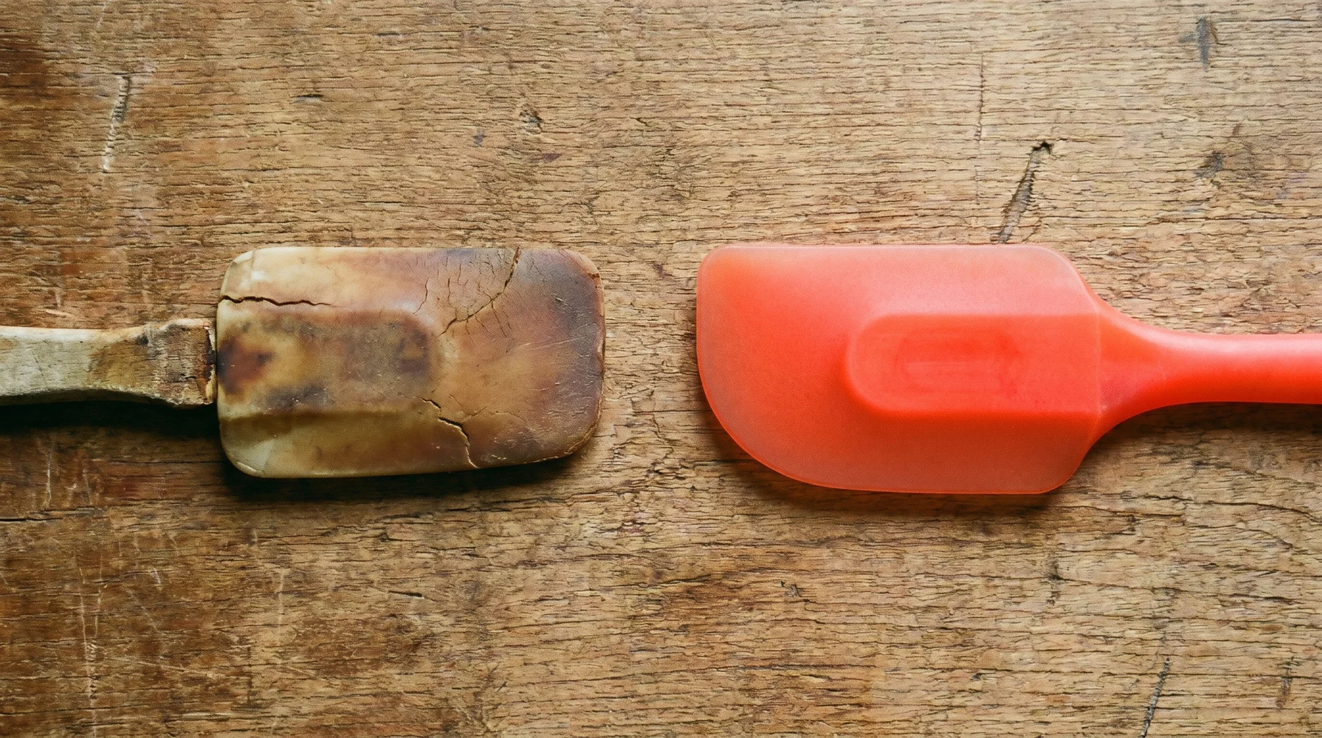 Old natural rubber scraper next to a modern food-grade silicone spatula showing material and color differences