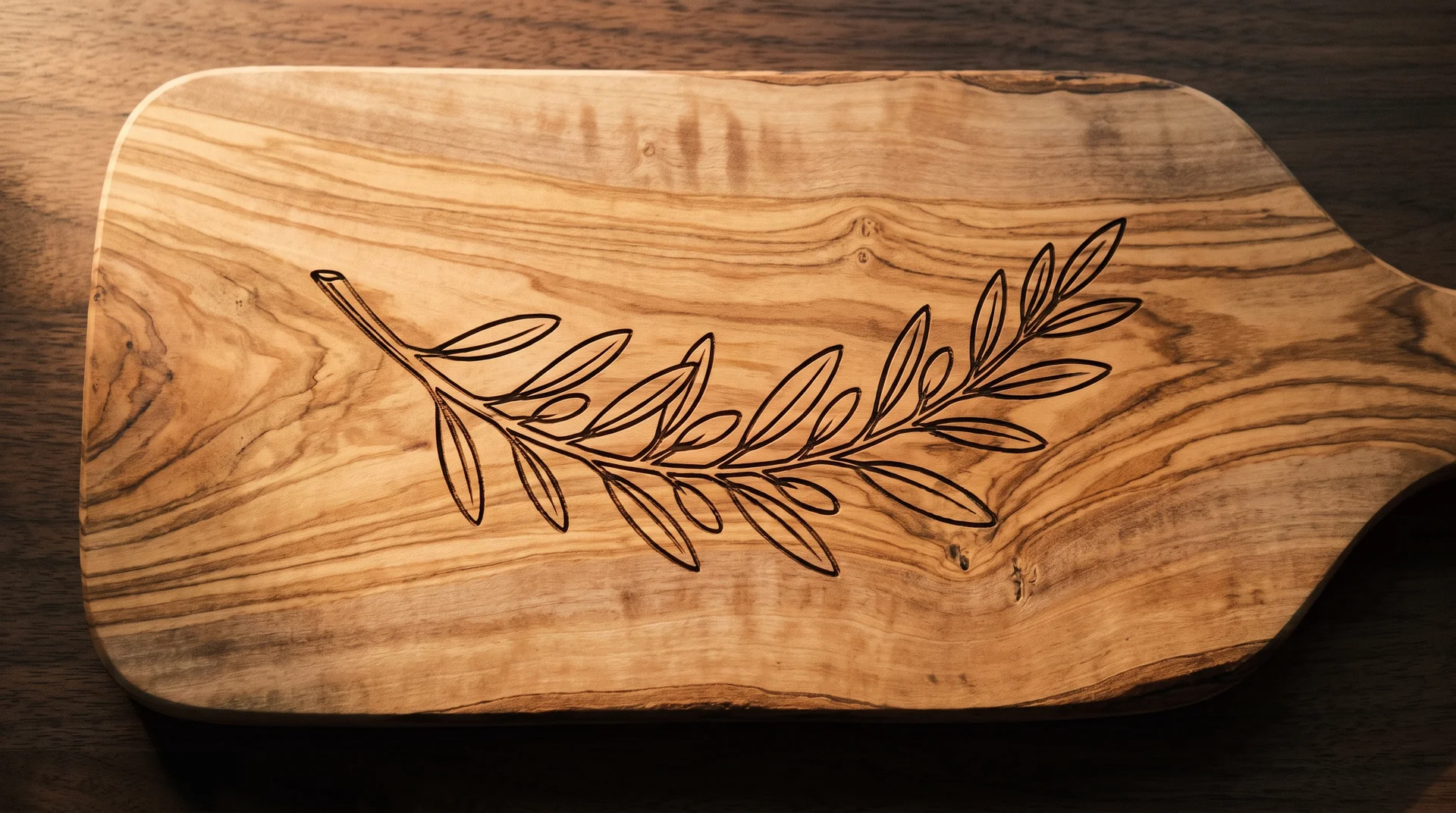 Olive wood board with a clean engraved olive branch illustration, dark walnut surface, natural sidelight