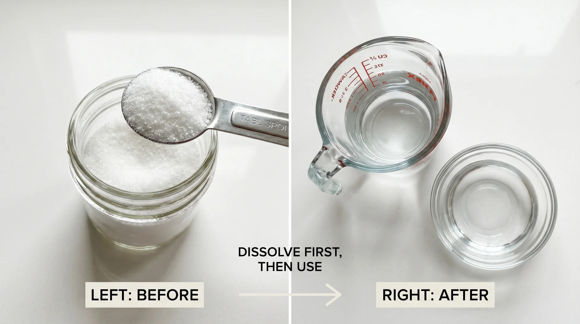 One tablespoon of food-grade citric acid powder beside its dissolved solution in warm water