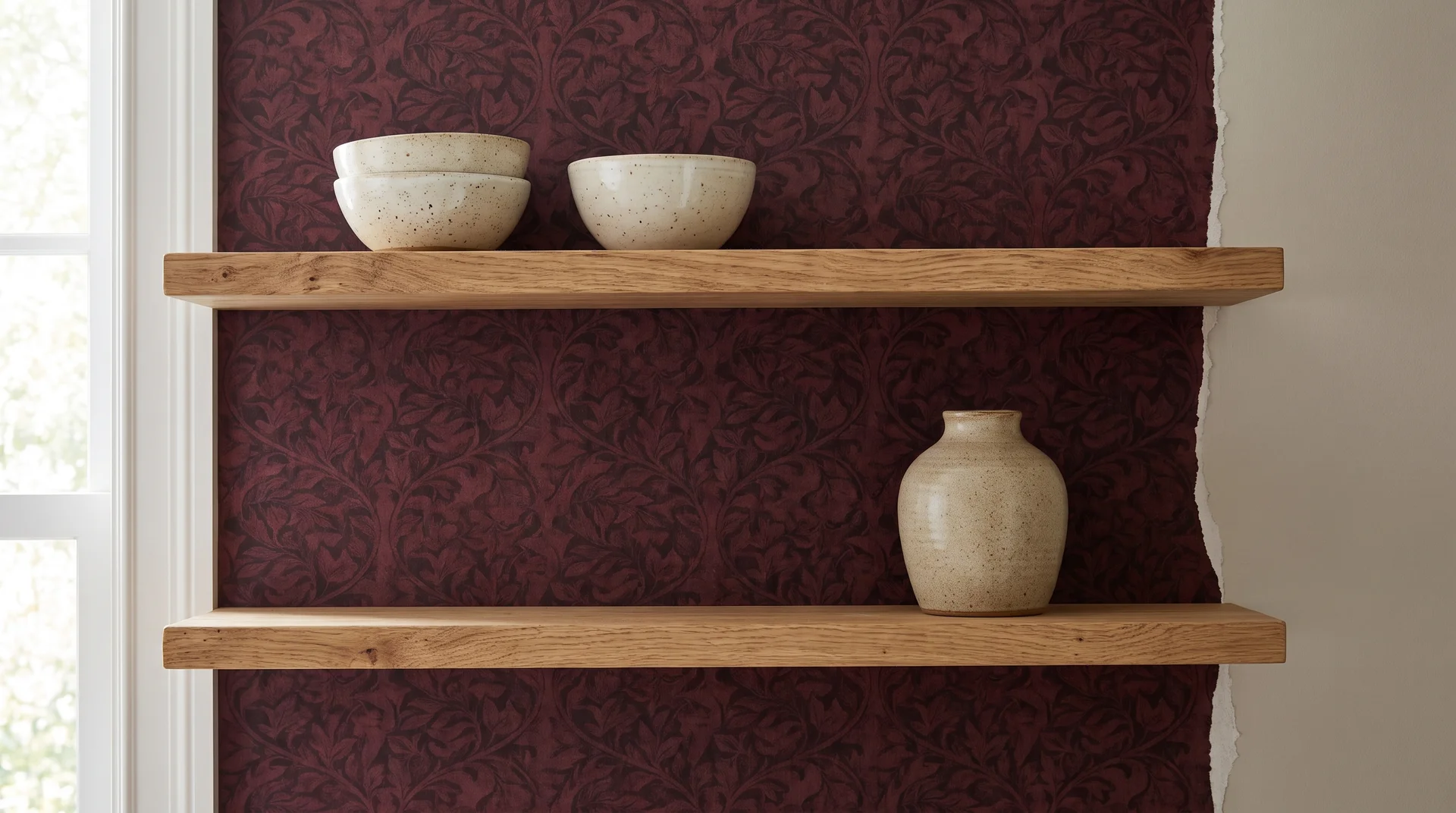 Open kitchen shelving against deep burgundy botanical wallpaper with neutral ceramics on the shelves