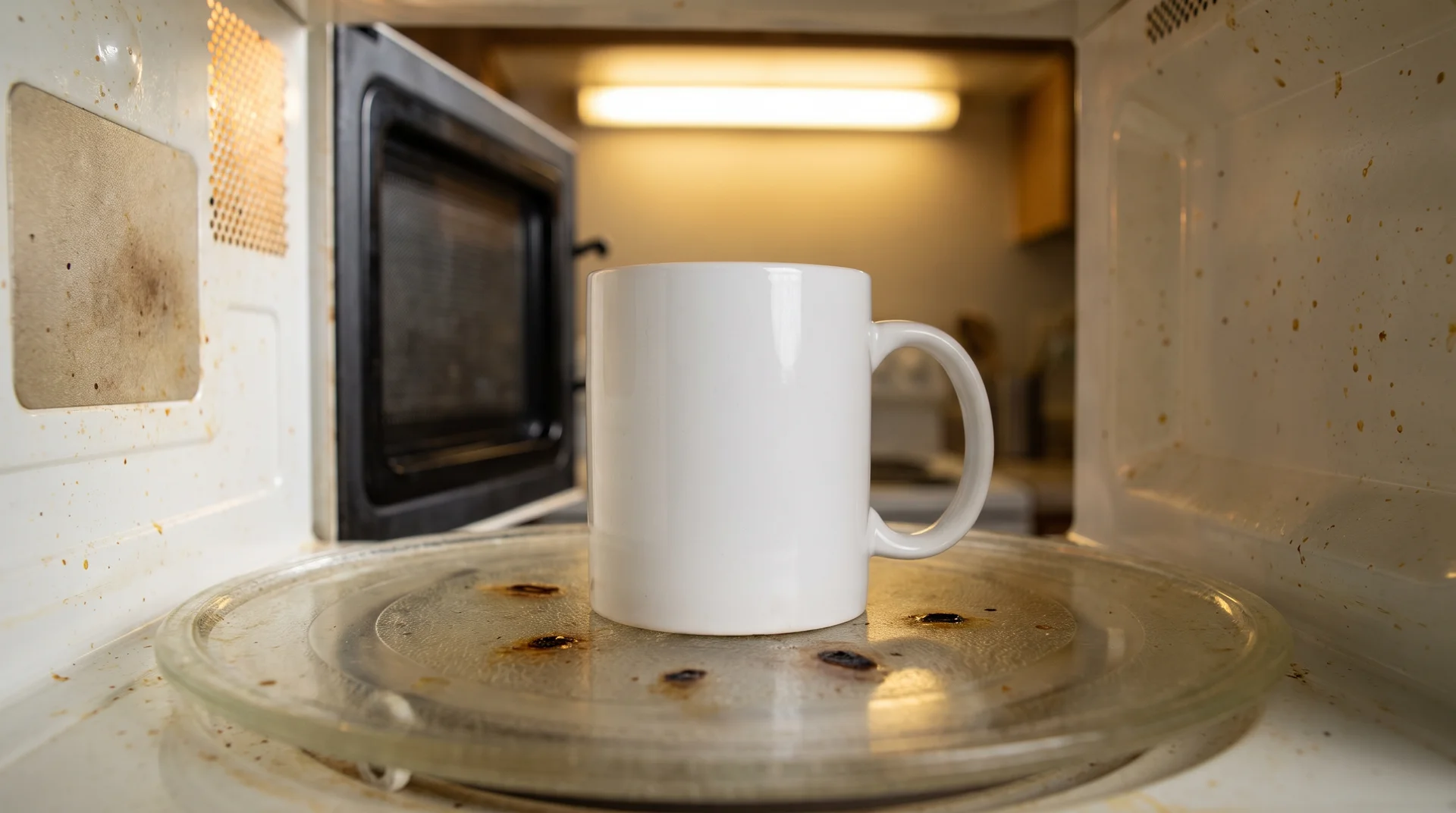 Open microwave showing a plain ceramic mug on the turntable with small arcing marks visible on the microwave floor