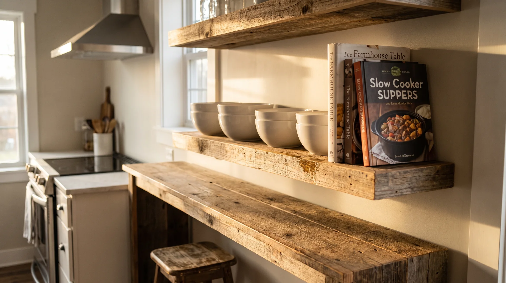 Open shelf island seating side with ceramics and cookbooks showing grease film accumulation near the cooktop