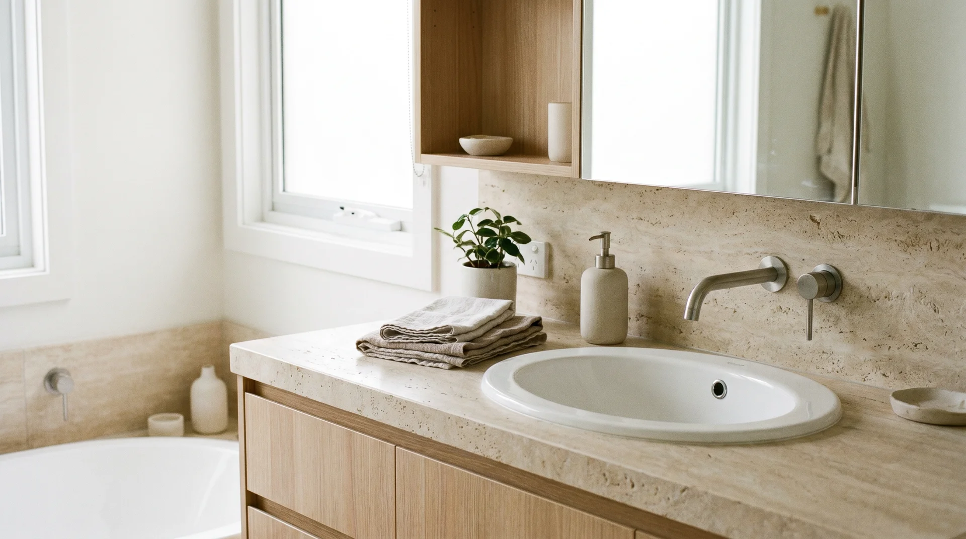 Oval drop-in sink installed in a bathroom vanity