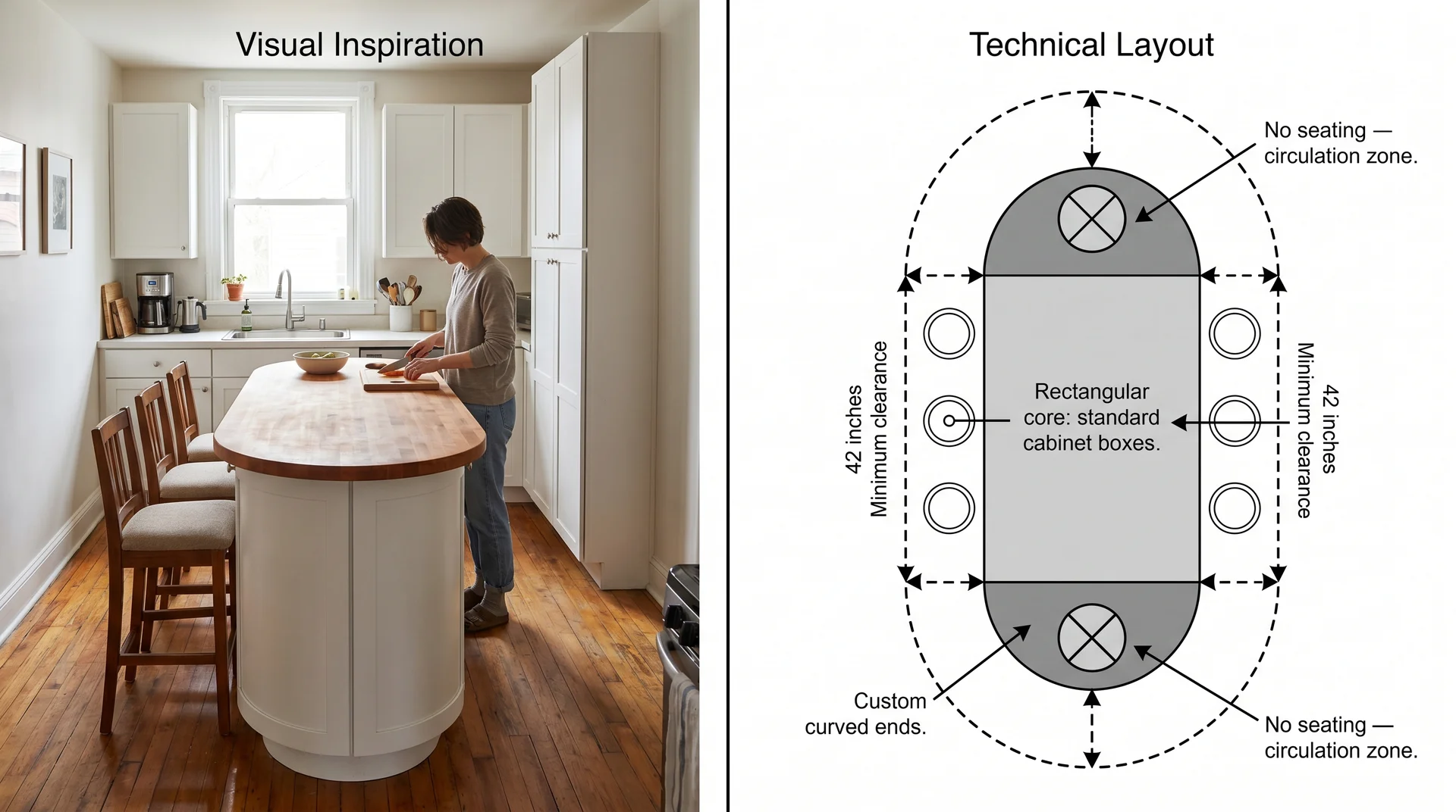 Oval kitchen island in a compact real kitchen beside a plan showing rectangular core, curved ends, and seating placement