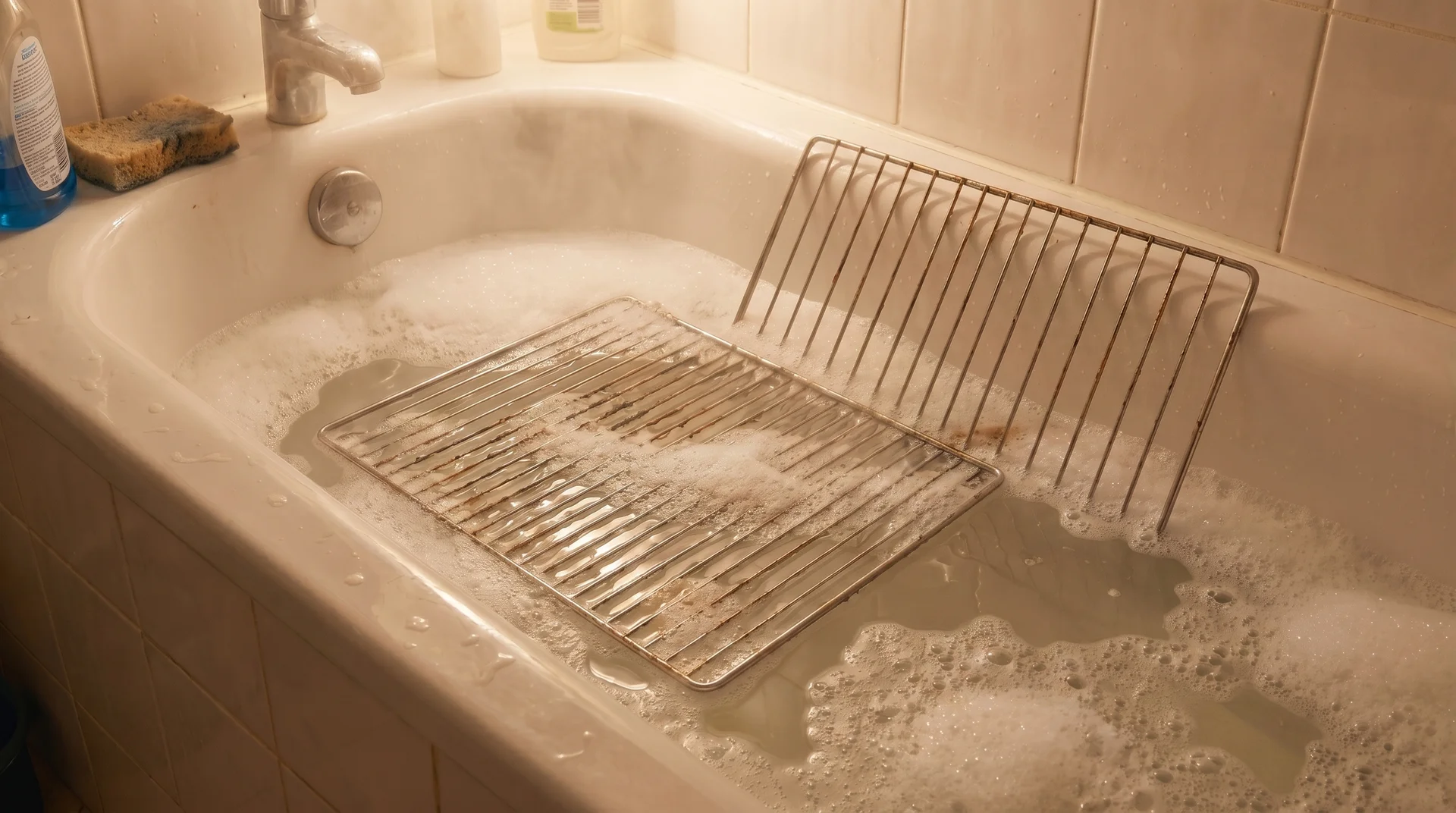 Oven racks soaking in hot soapy water for cleaning