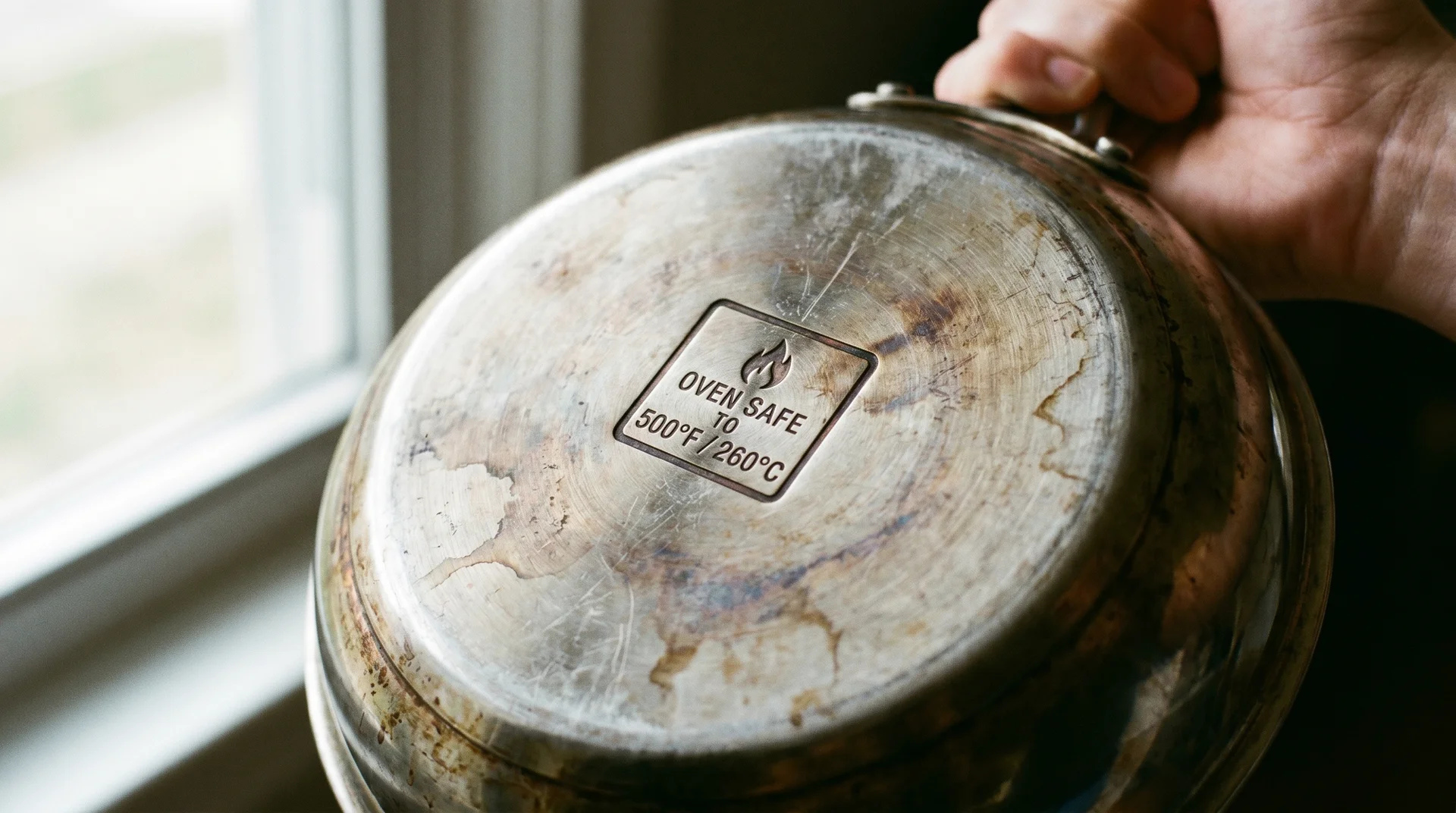 Oven-safe temperature stamp on the base of a stainless steel pan