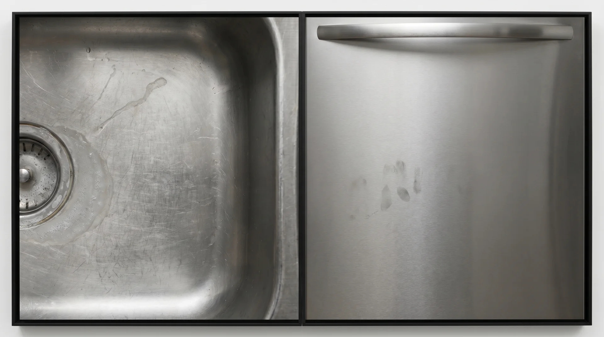 Overhead diptych showing a worn stainless steel kitchen sink beside a lightly fingerprinted refrigerator door panel for cleaning frequency comparison