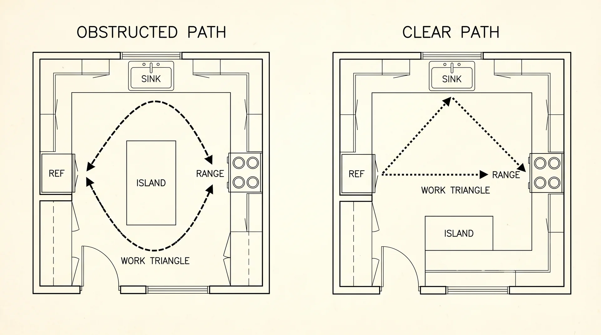 Overhead kitchen layout diagram comparing an obstructed work triangle versus a clear refrigerator-sink-range path