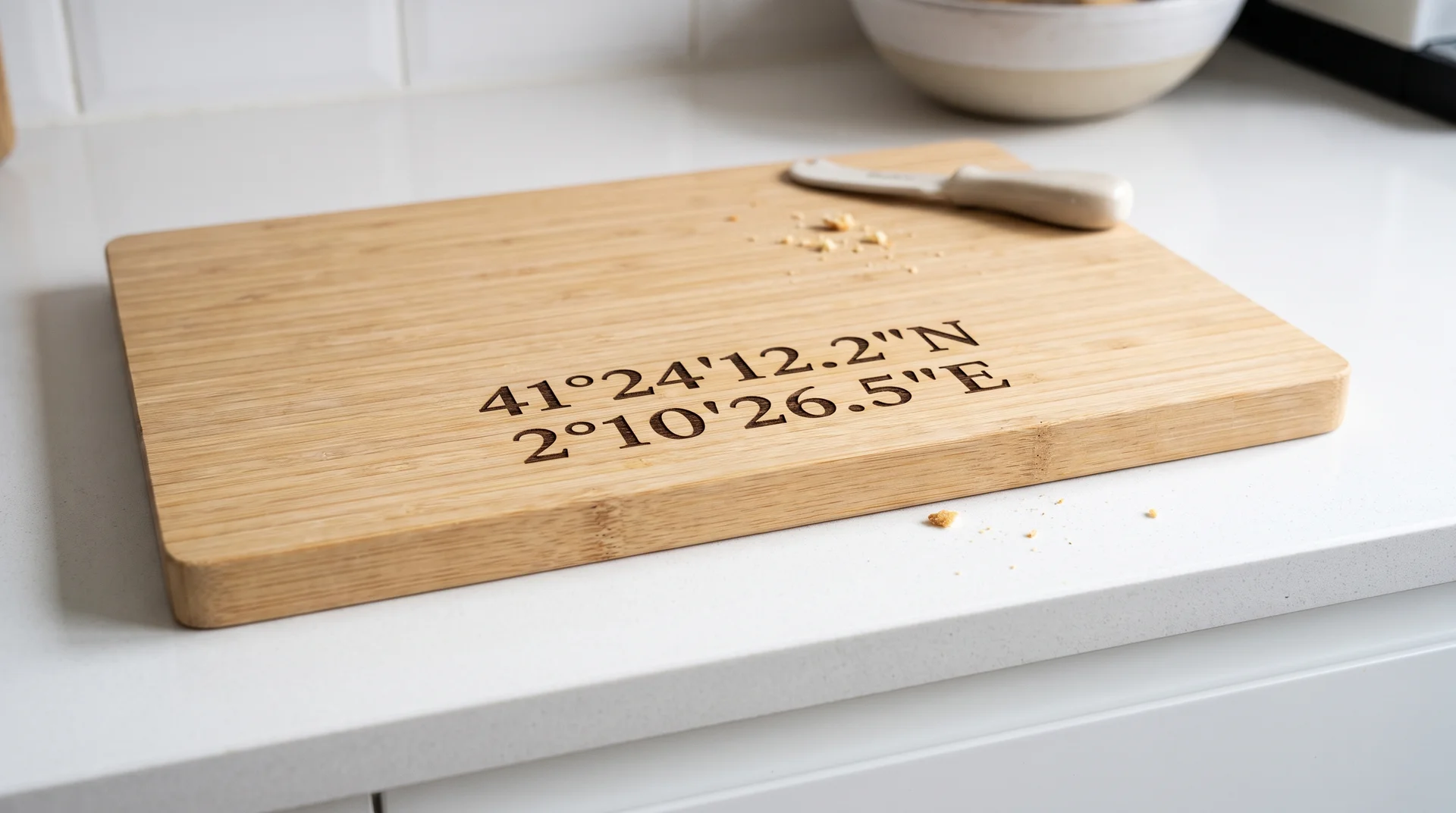Pale bamboo board with two lines of address coordinates centered, white kitchen counter, overhead light