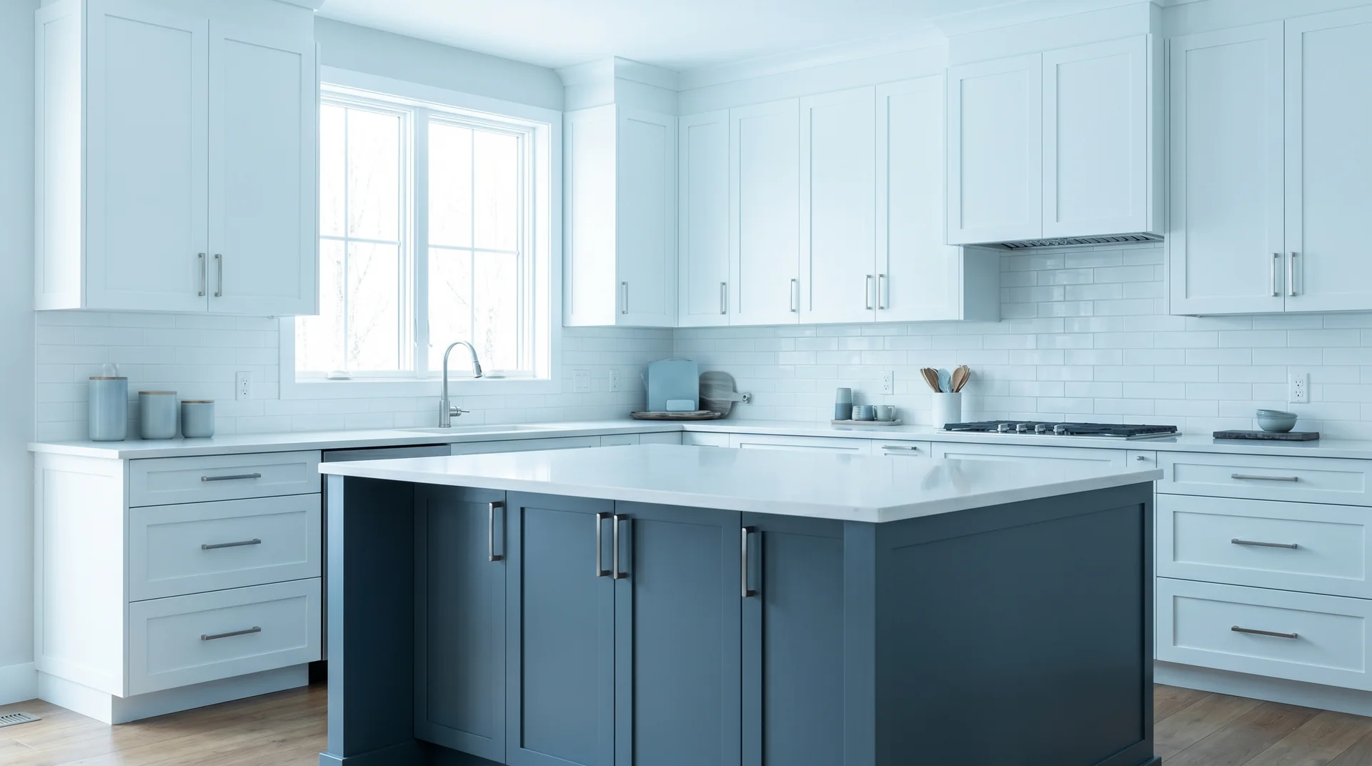 Pale blue Iceberg upper cabinets with a deeper slate blue island, tone-on-tone blue contrast, white countertops, cool north light