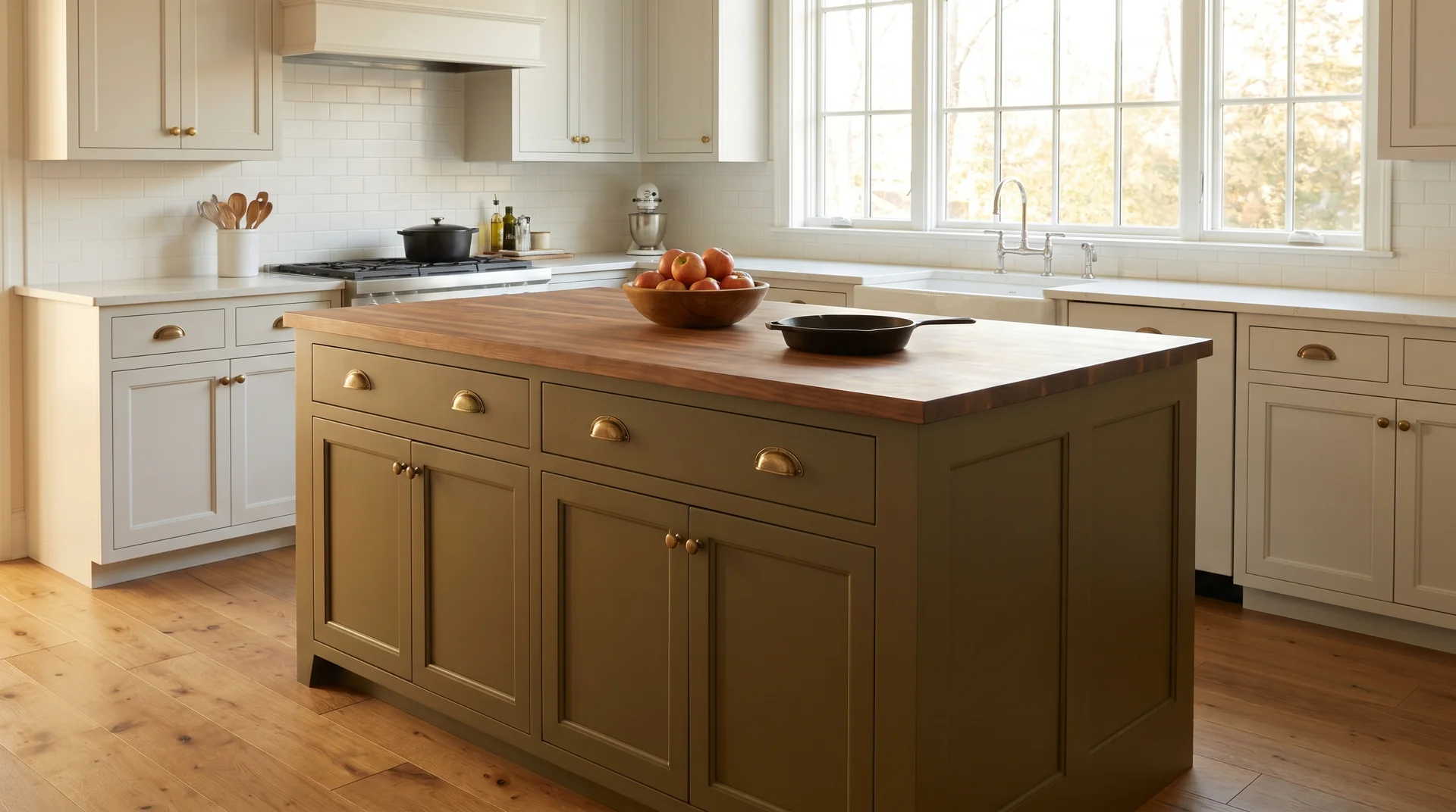 Pale gray kitchen with a Salamander olive green island, aged brass hardware, butcher block countertop, afternoon warmth