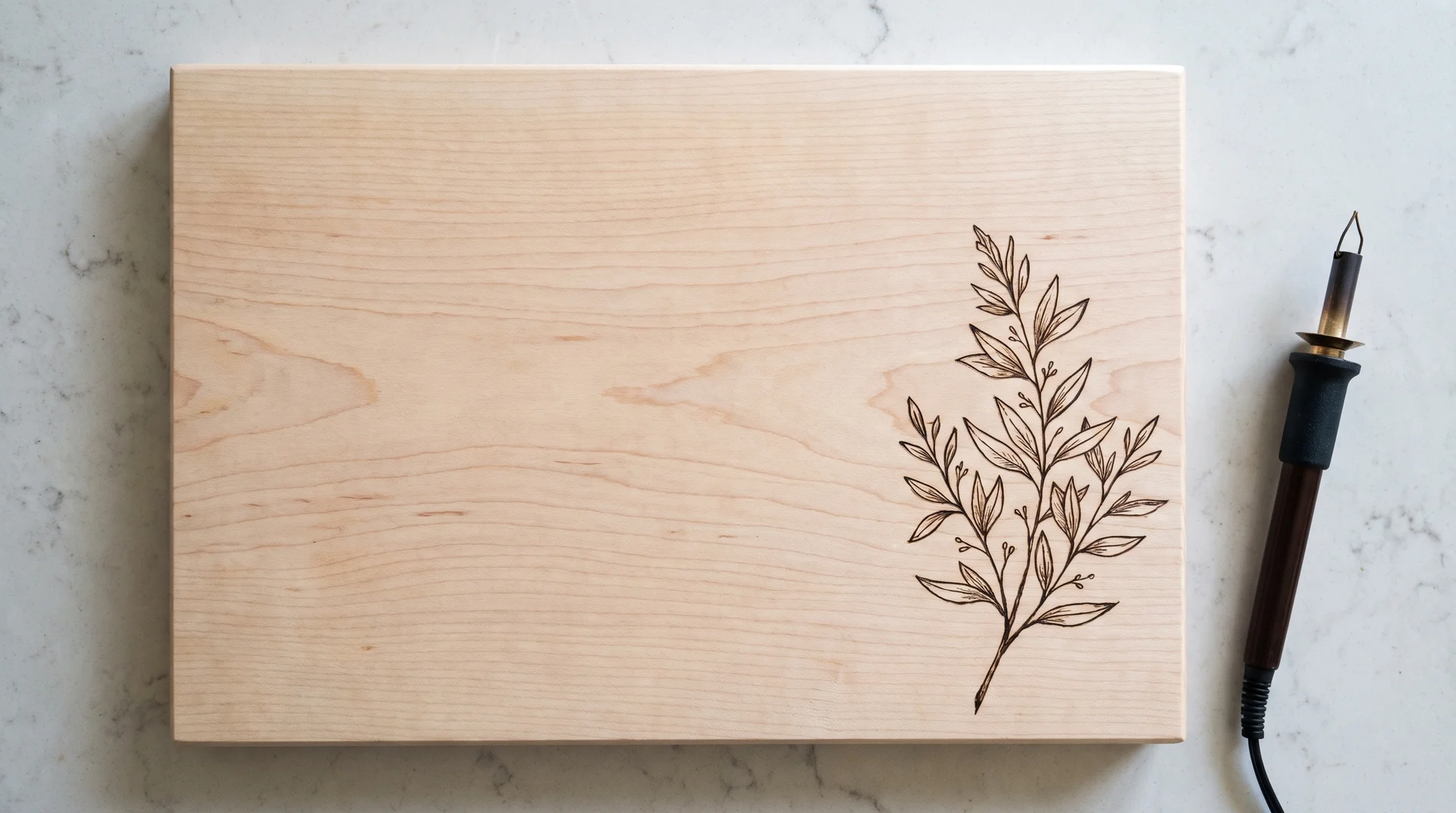 Pale maple cutting board with wood-burned botanical sprig illustration in lower corner from pyrography pen