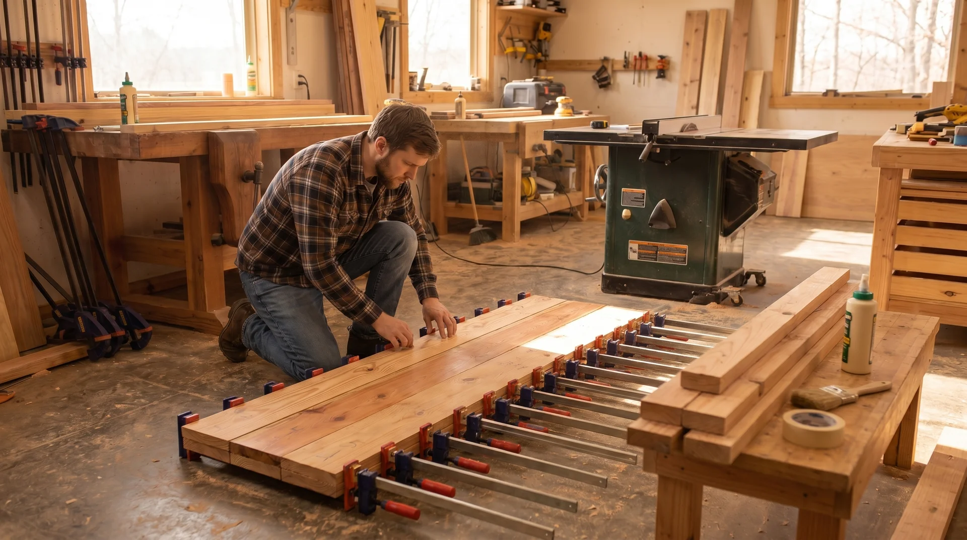 Parallel clamps arranged for a tabletop glue-up