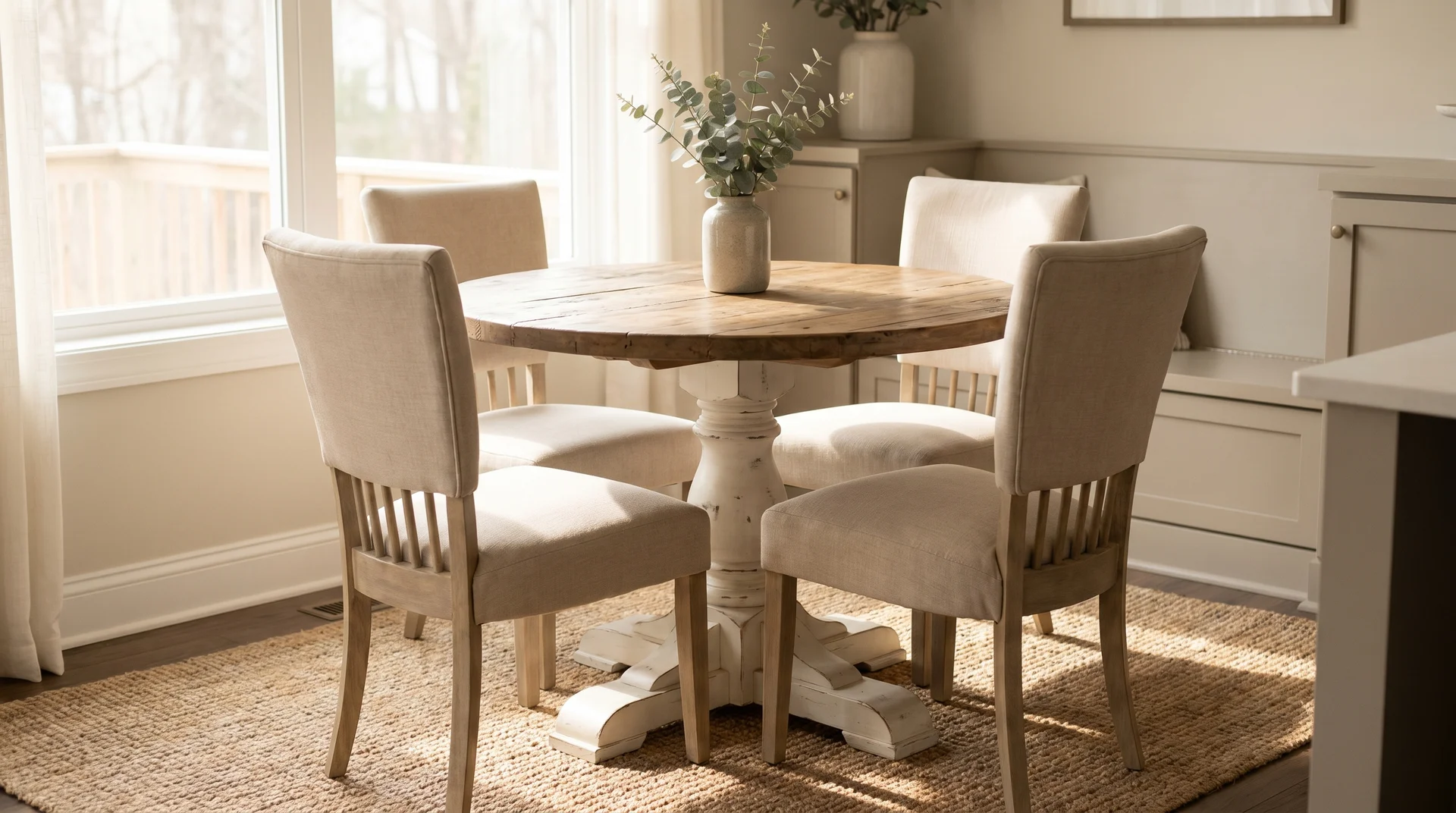 Pedestal farmhouse table maximizing seating in a compact dining room
