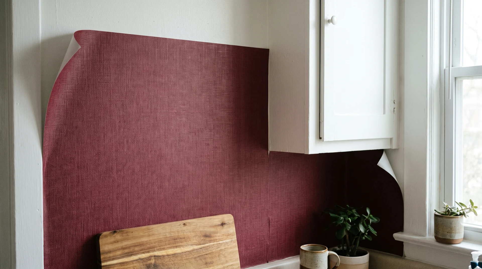 Peel-and-stick burgundy vinyl wallpaper on a rental kitchen wall with panel edges visible and white wall beside it