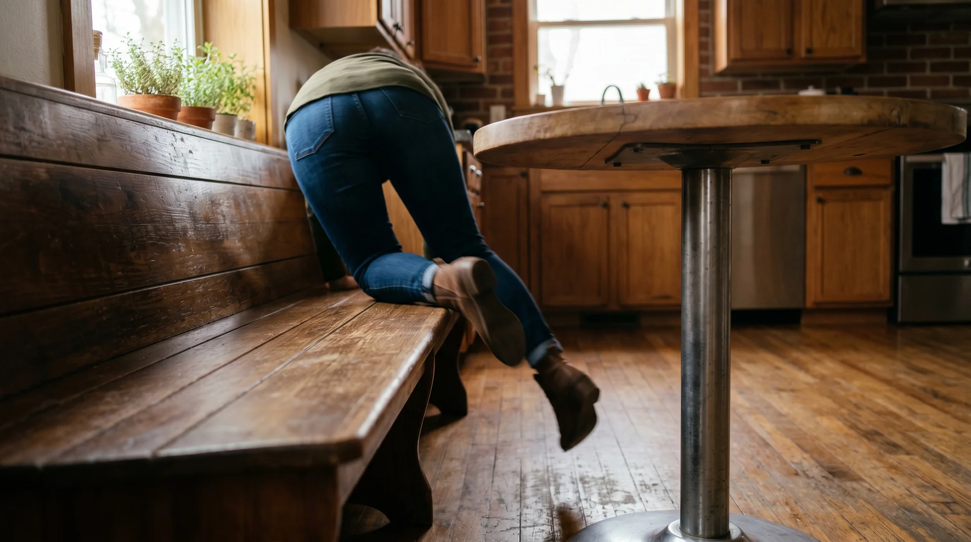 Person sliding into kitchen booth seat showing unobstructed legroom with pedestal table base.