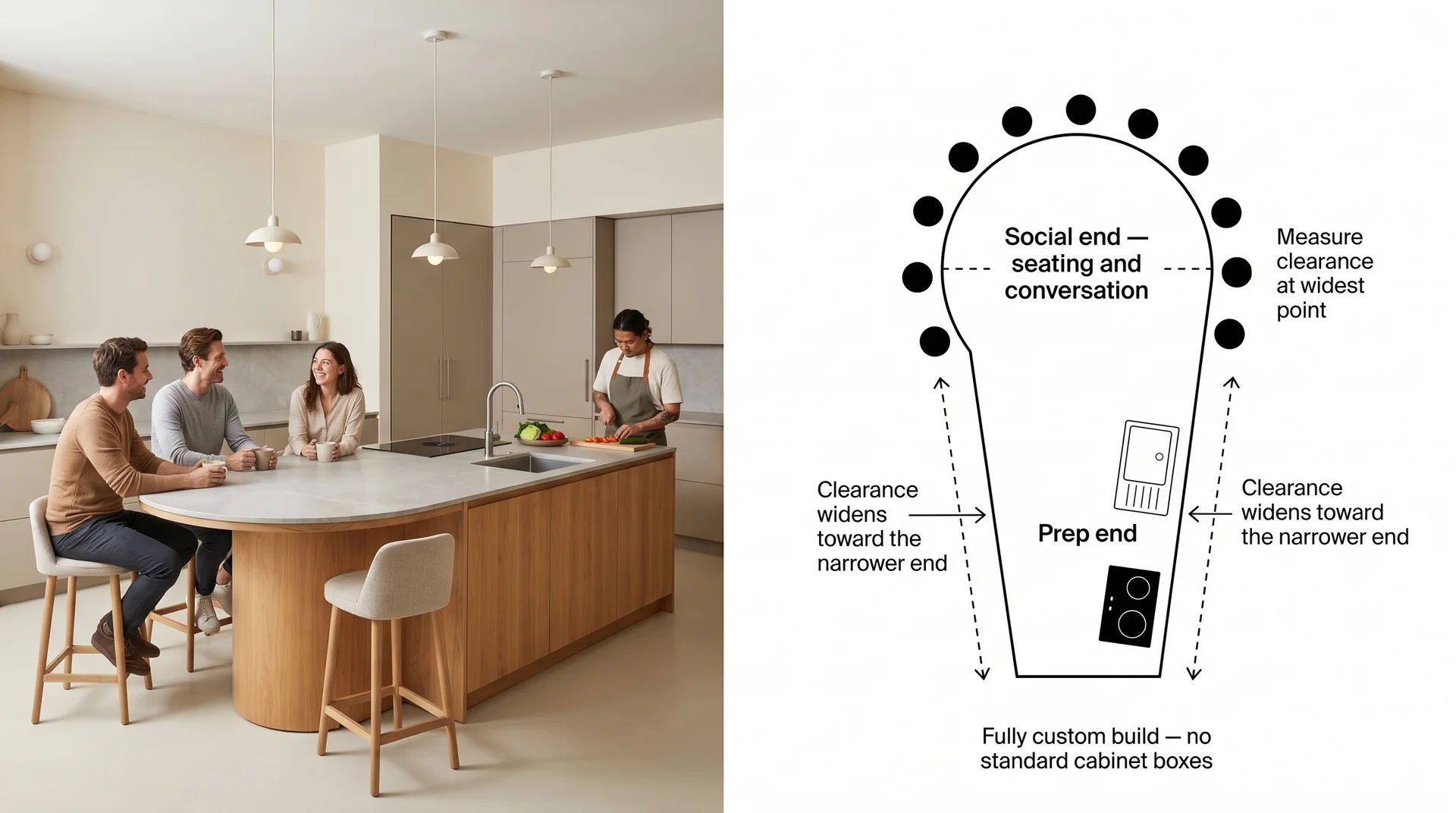Piano-shaped kitchen island with social rounded end in a real kitchen beside a plan showing seating layout and clearance at widest point