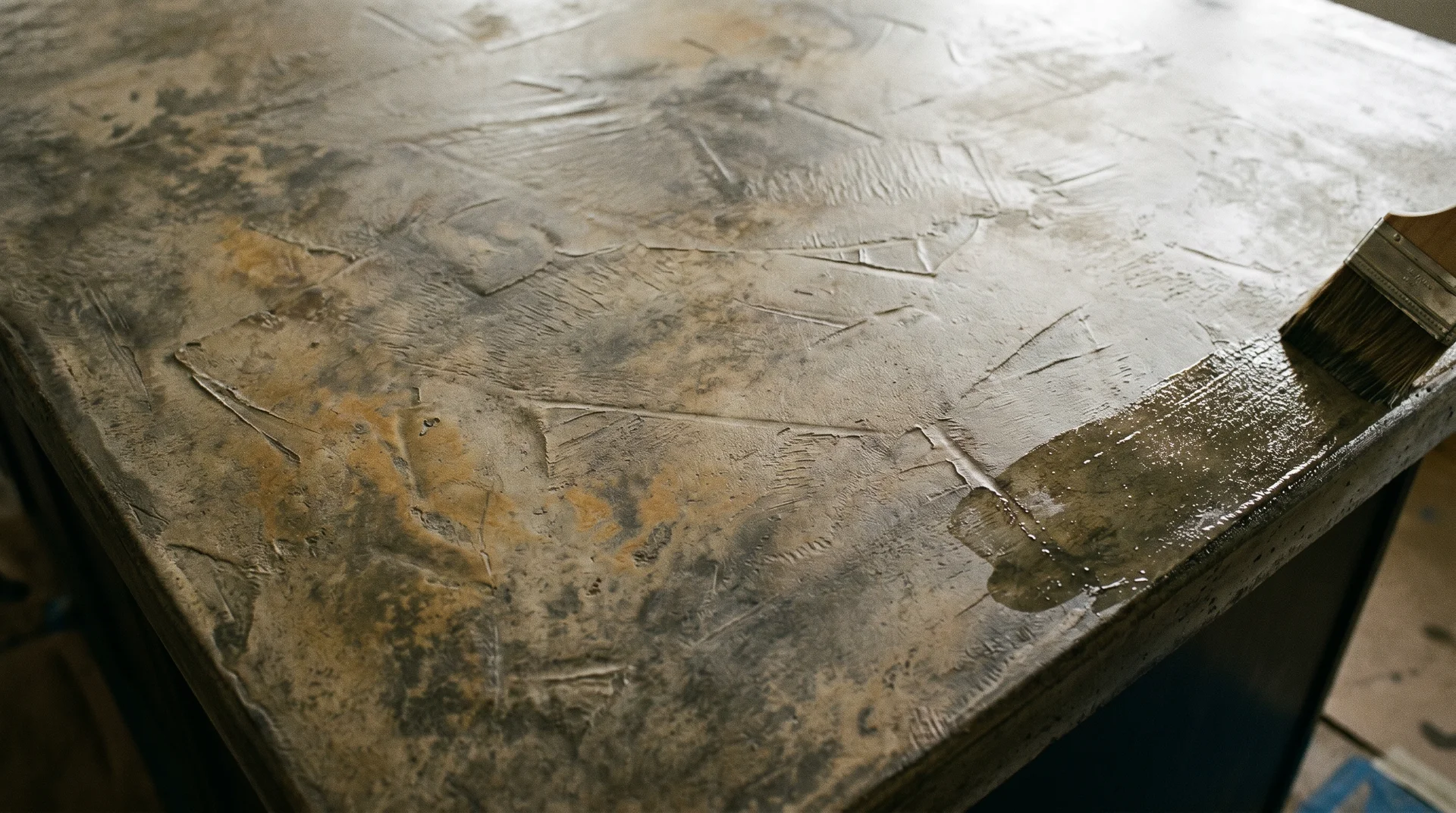 Pigmented concrete island countertop showing float marks, color variation, and fresh sealer application at the edge
