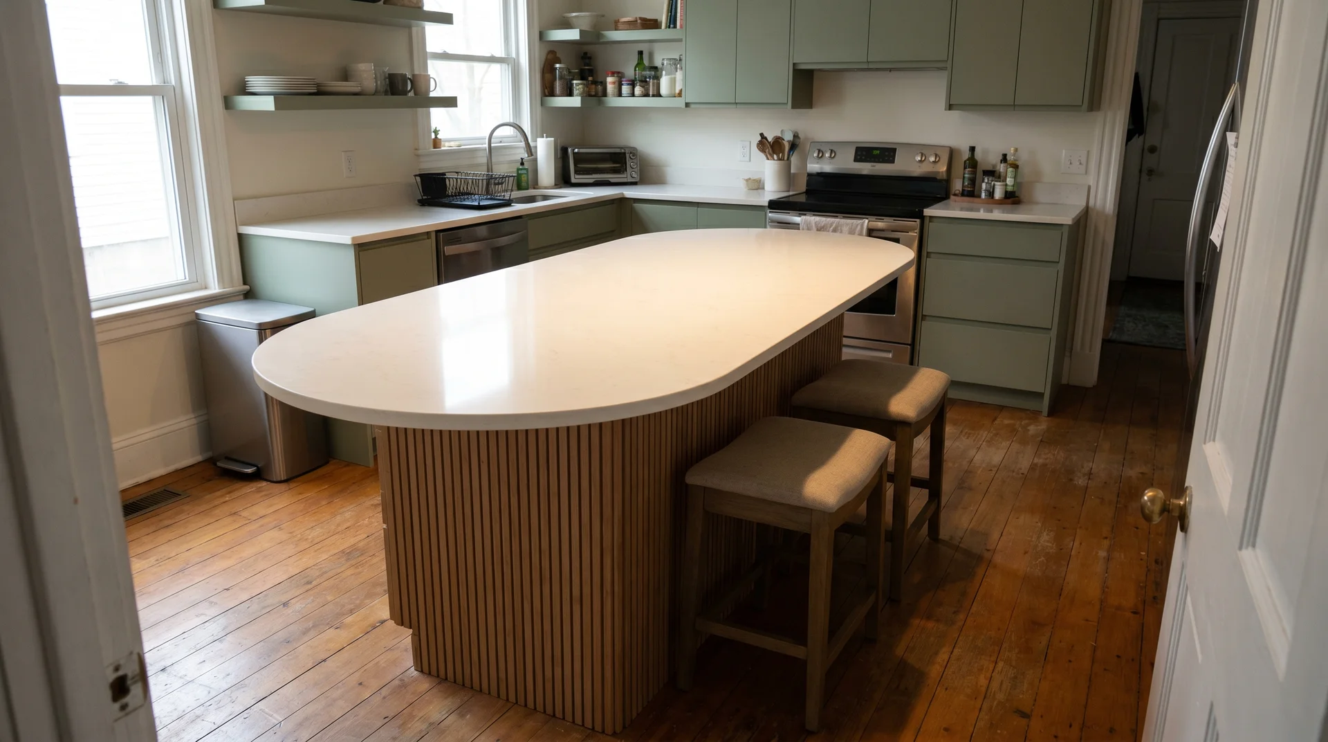 Pill-shaped kitchen island with white quartz countertop in a mid-budget sage green kitchen