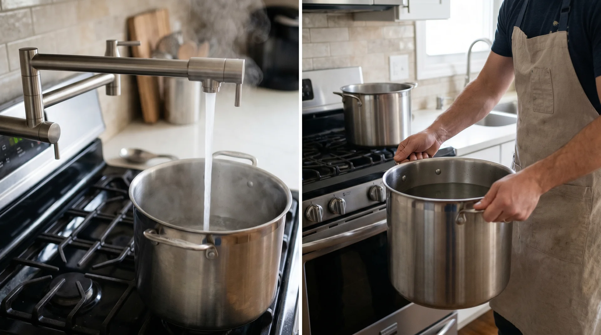 Pot filler filling a stockpot at the stove, beside a second frame showing the pot being carried back to the sink