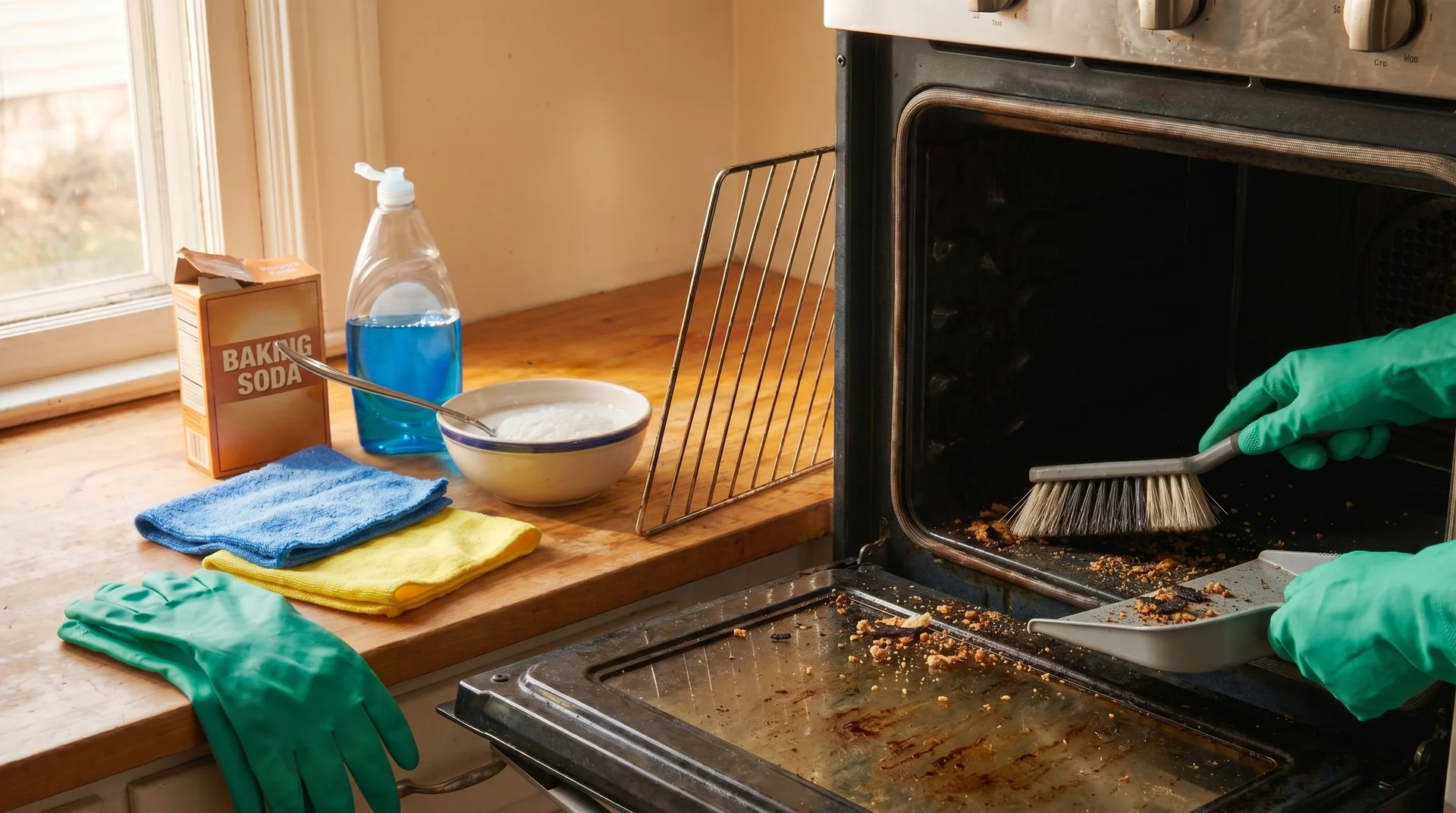 Preparing an oven by removing racks and loose debris