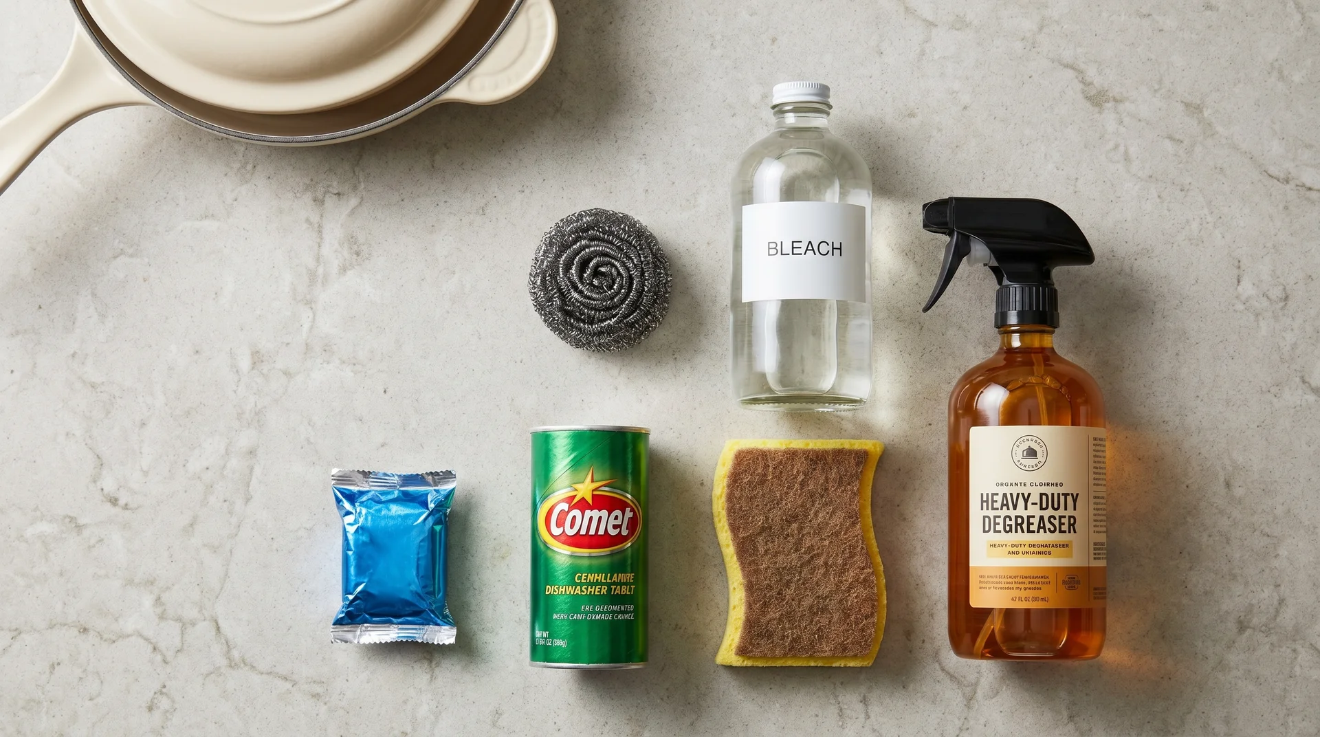 Products that damage ceramic cookware: steel wool, bleach, dishwasher tablets, abrasive cleaners