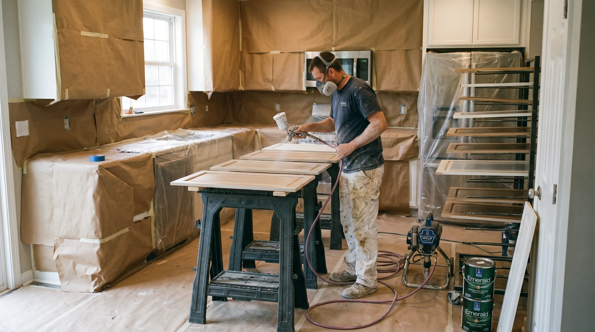 Professional cabinet painter spraying white paint on cabinet doors laid flat on sawhorses in a residential kitchen