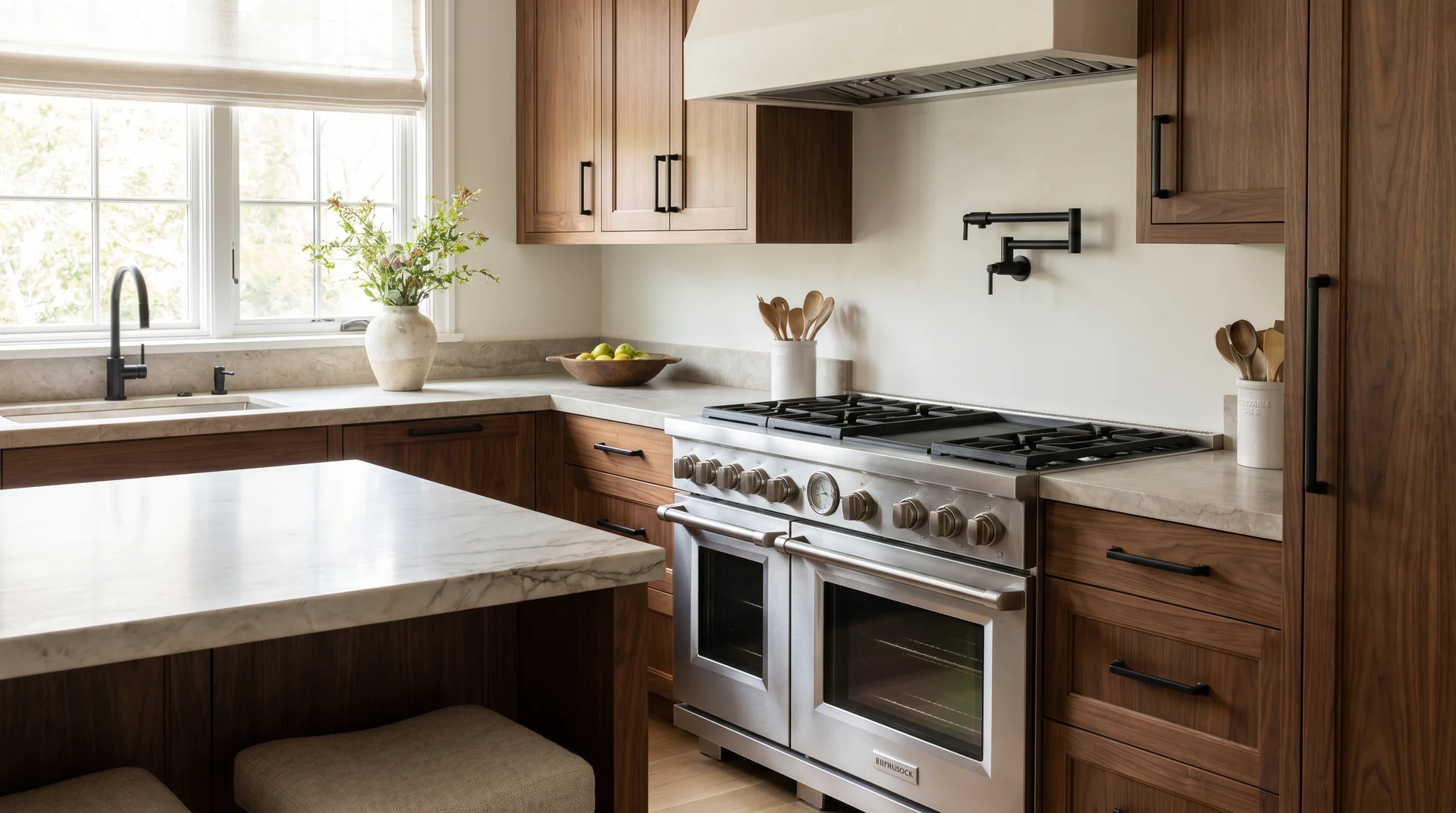 Professional-style residential gas range in a modern home kitchen