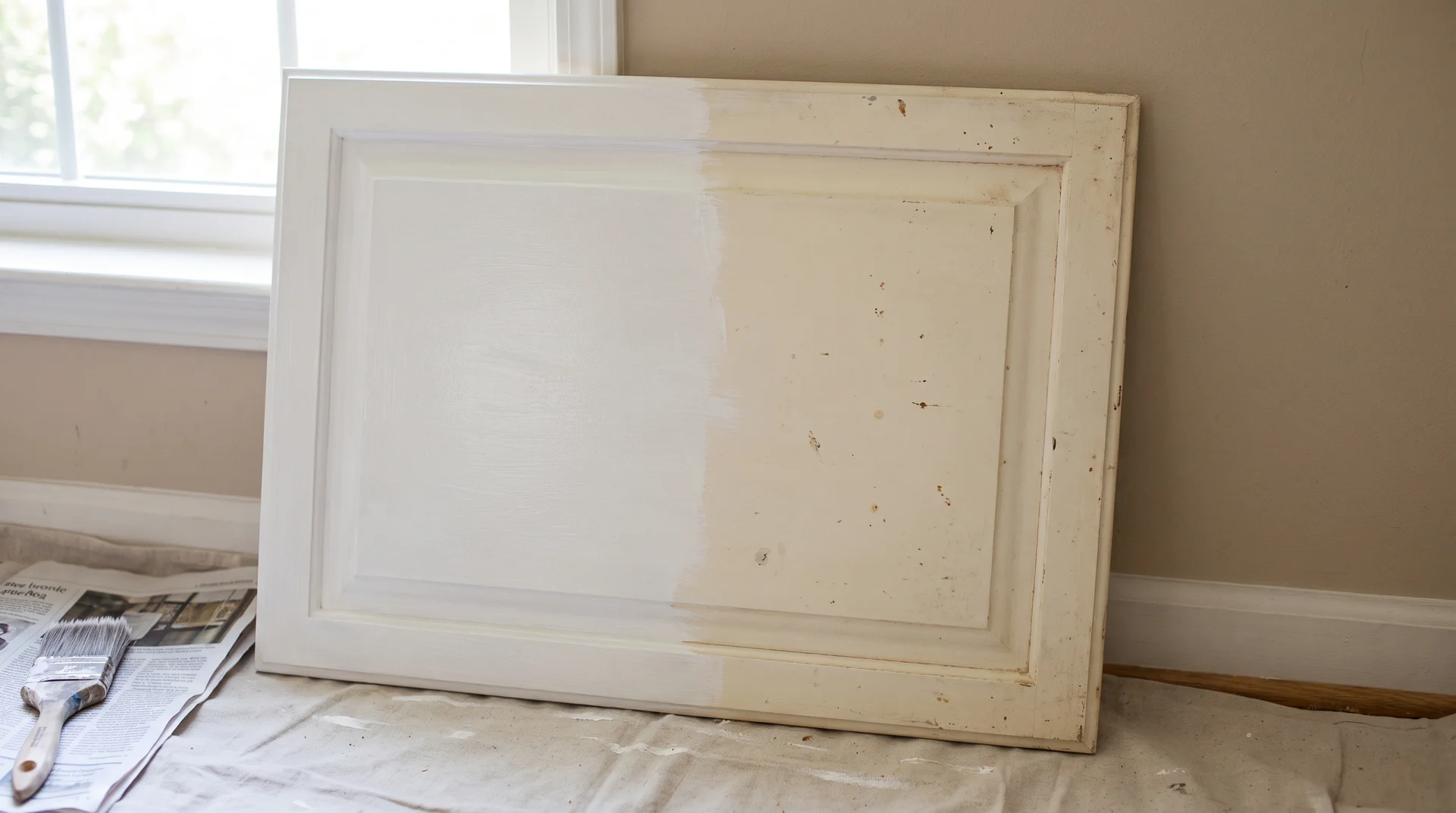 Putty knife pressed along cabinet door edge to test existing paint adhesion