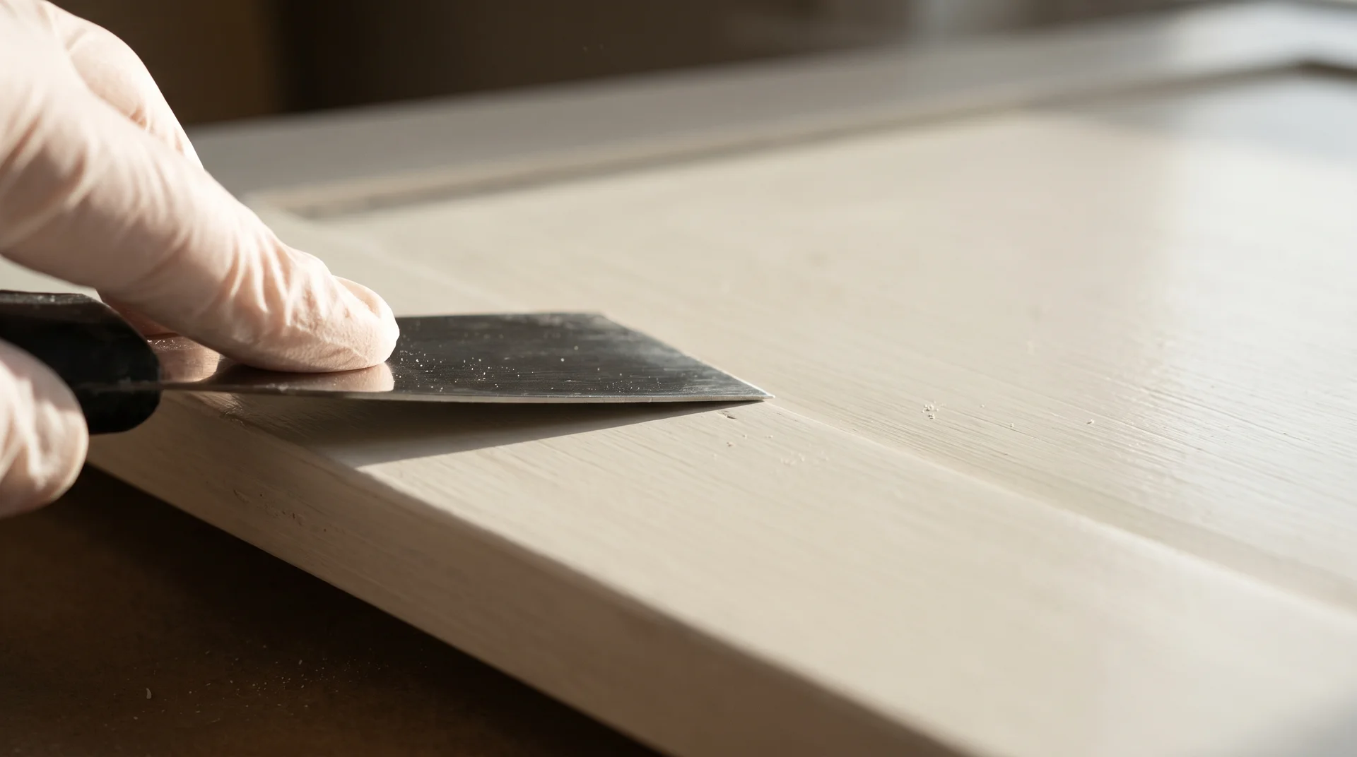 Raking light on cabinet surface near hardware showing grease buildup before degreasing