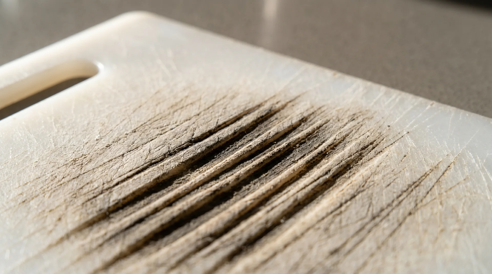 Raking light on plastic cutting board surface revealing deep knife grooves where bacteria can survive washing