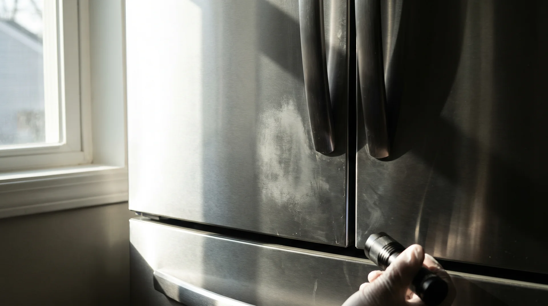 Raking light on stainless steel appliance surface revealing dull patch near handle zone from repeated acid exposure