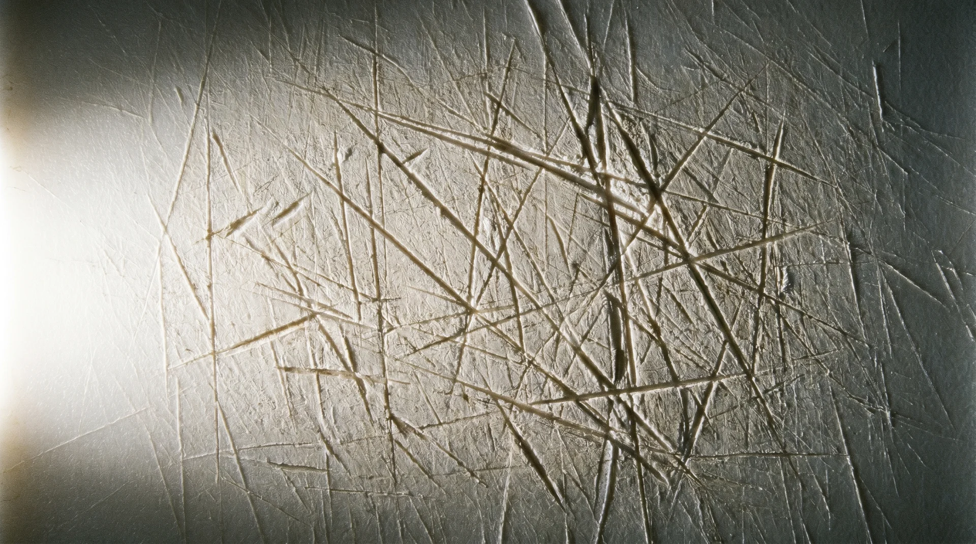 Raking light revealing deep knife grooves in a used plastic cutting board surface