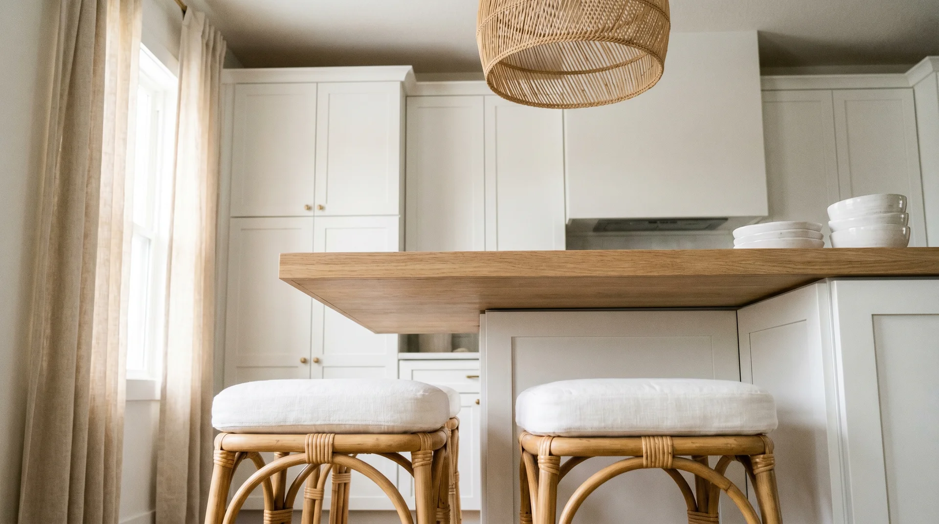 Rattan bar stools and white oak counter in a coastal kitchen with linen window treatments