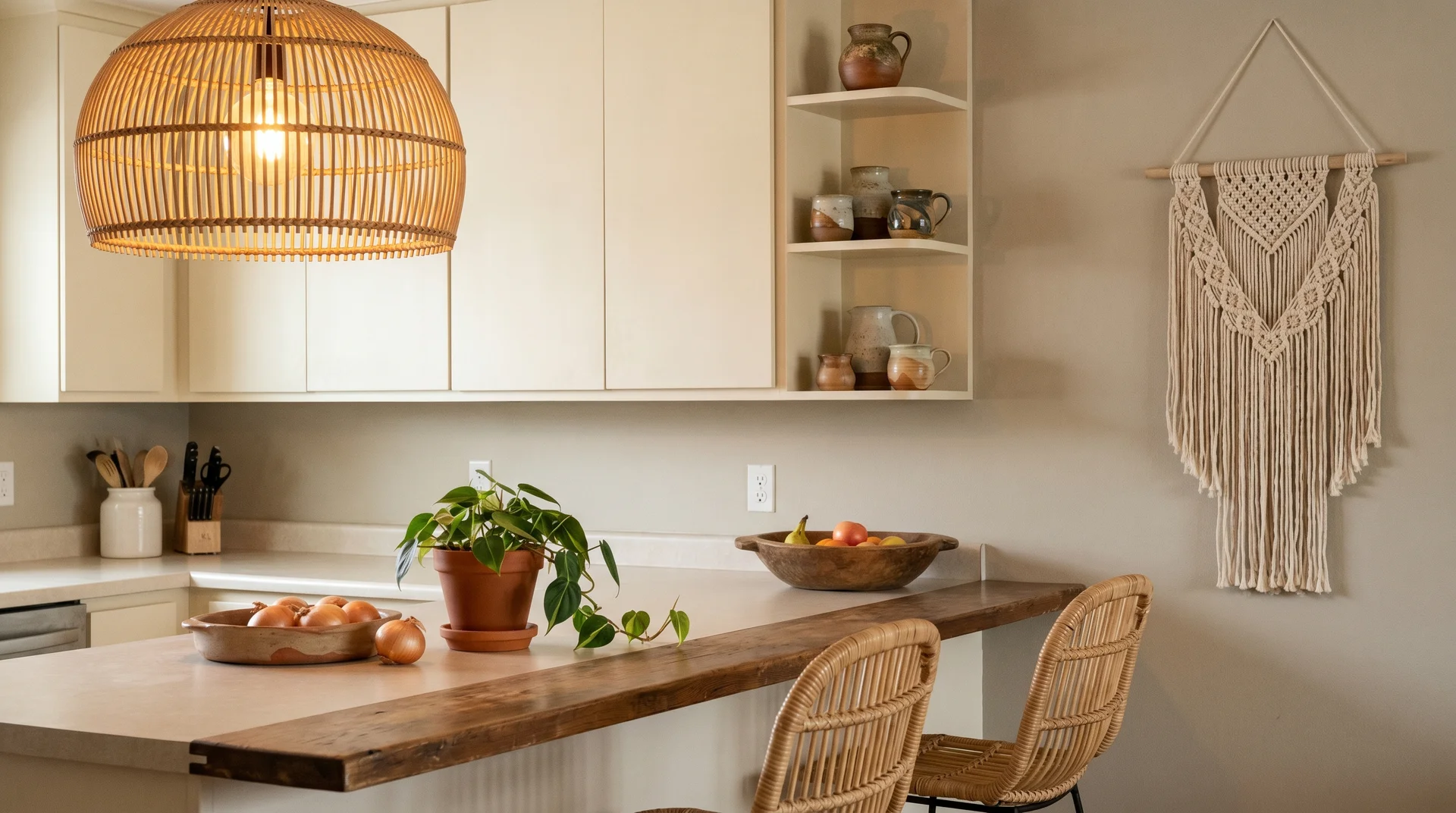 Rattan pendant, macramé wall piece, and handmade clay dish in a bohemian kitchen corner