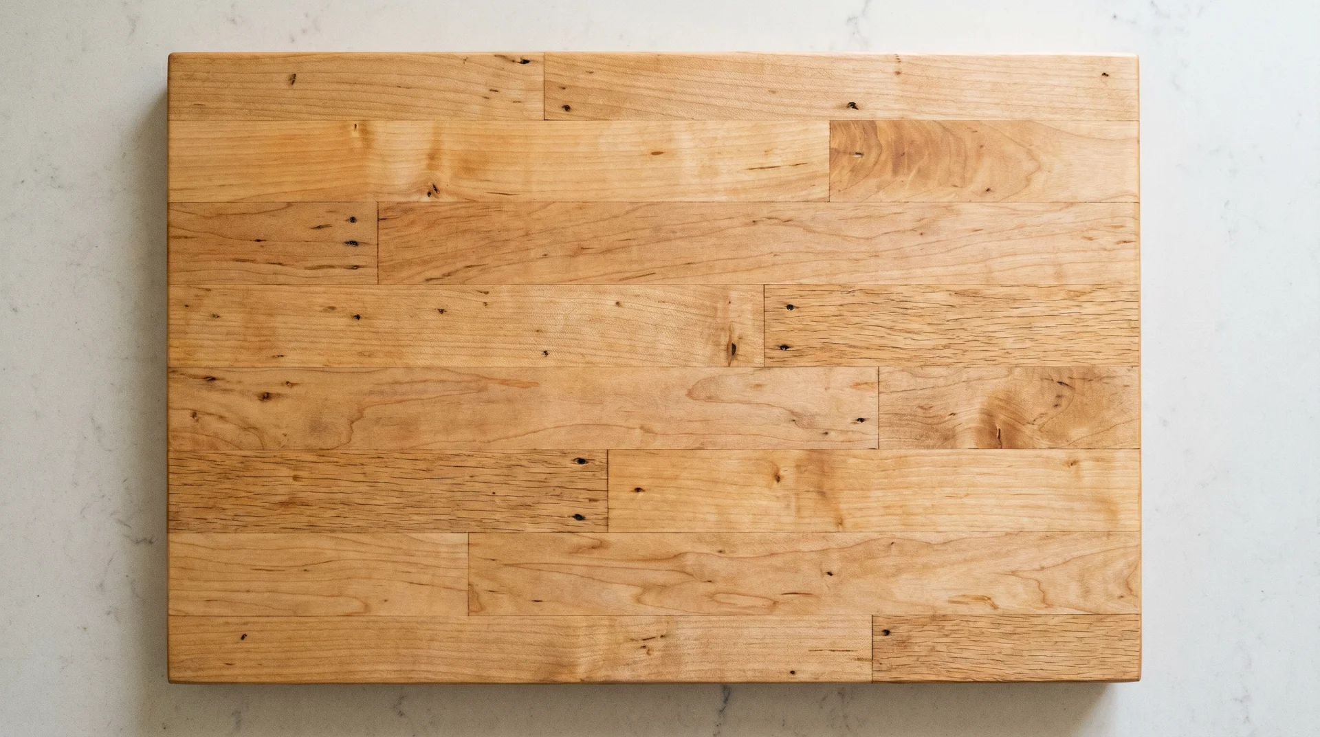 Reclaimed salvaged maple cutting board showing aged patina and character grain from old-growth flooring