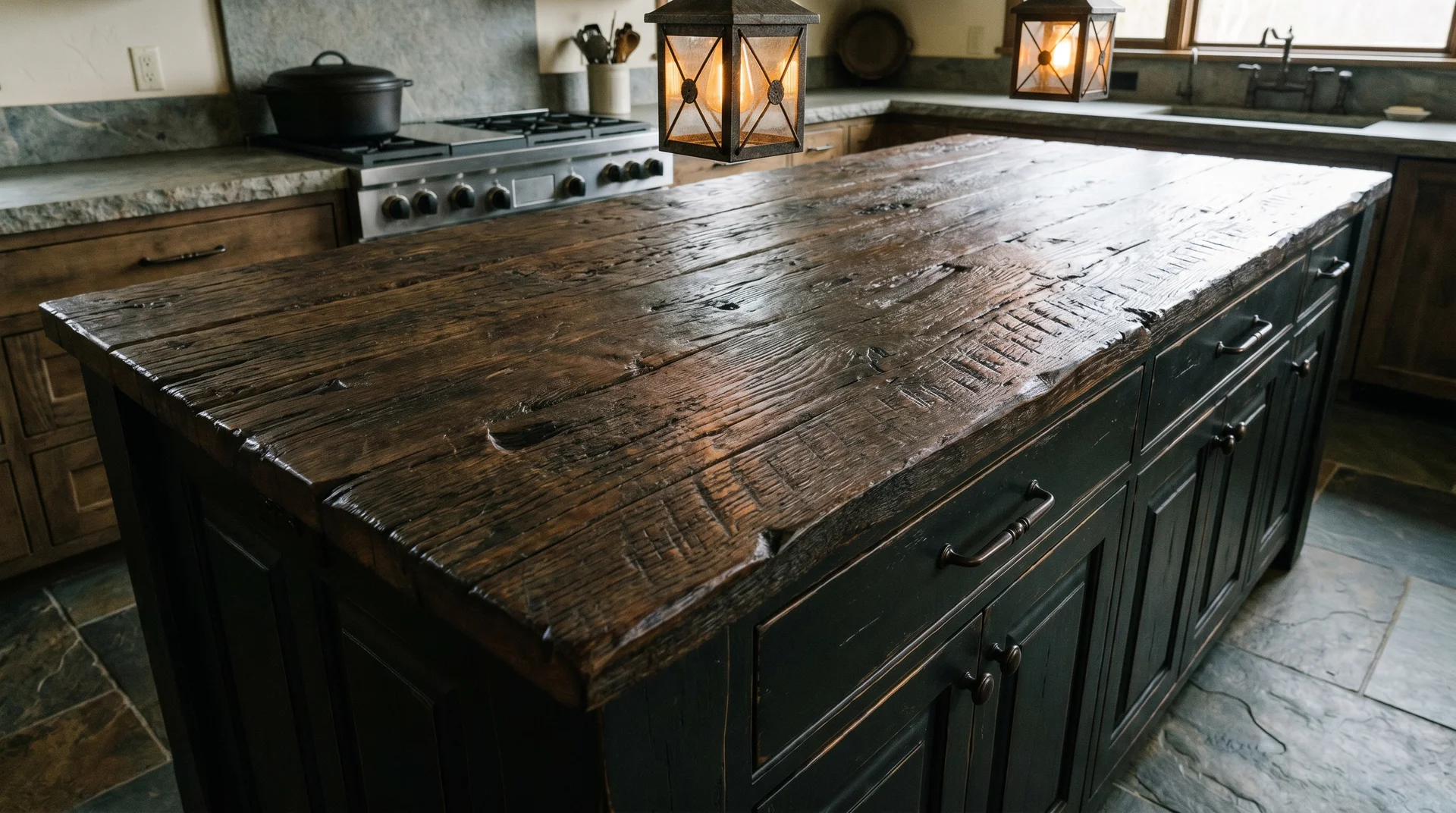 Reclaimed timber island top with oil-rubbed bronze hardware and lantern pendants in a rustic kitchen