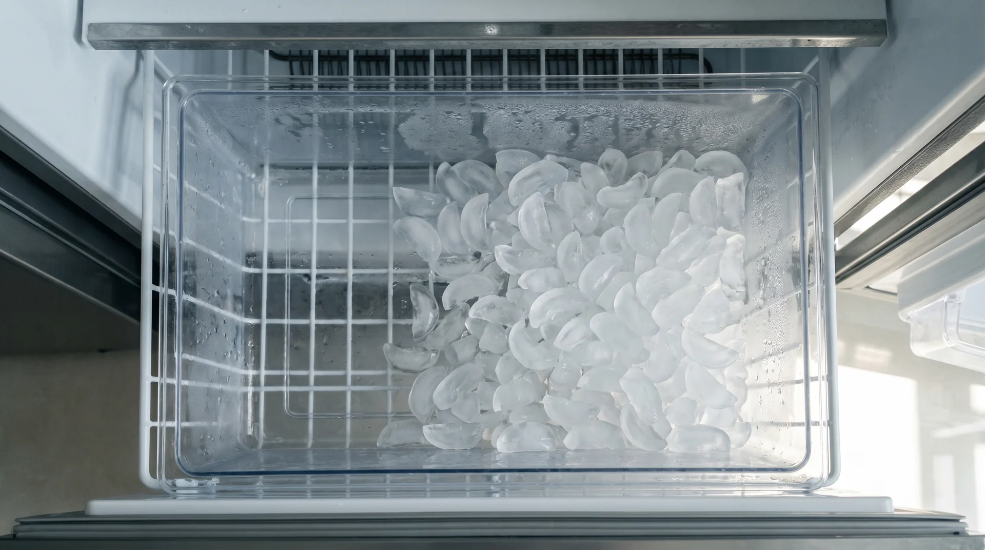 Refrigerator ice bin half-full of crescent ice cubes, photographed overhead in natural light
