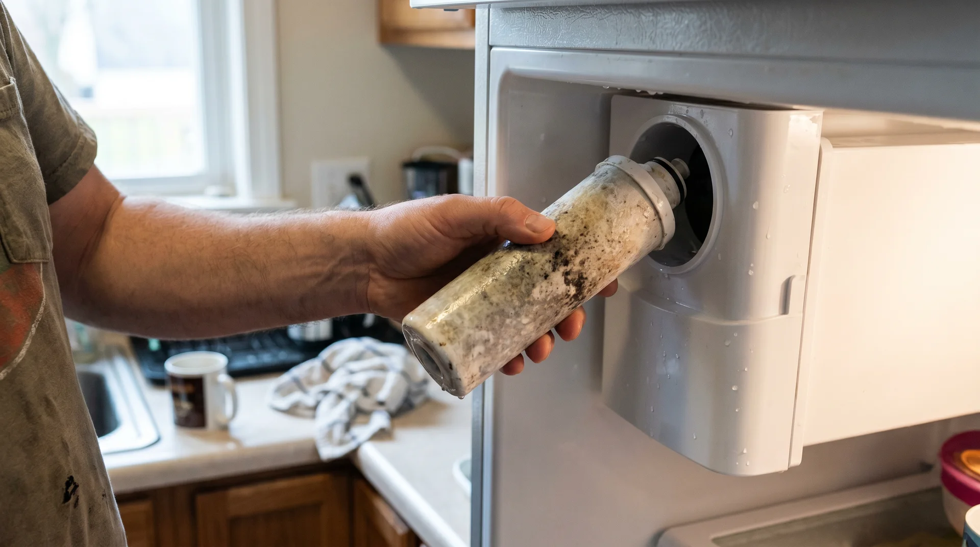 Refrigerator water filter being removed from housing, showing mineral buildup that slows ice production
