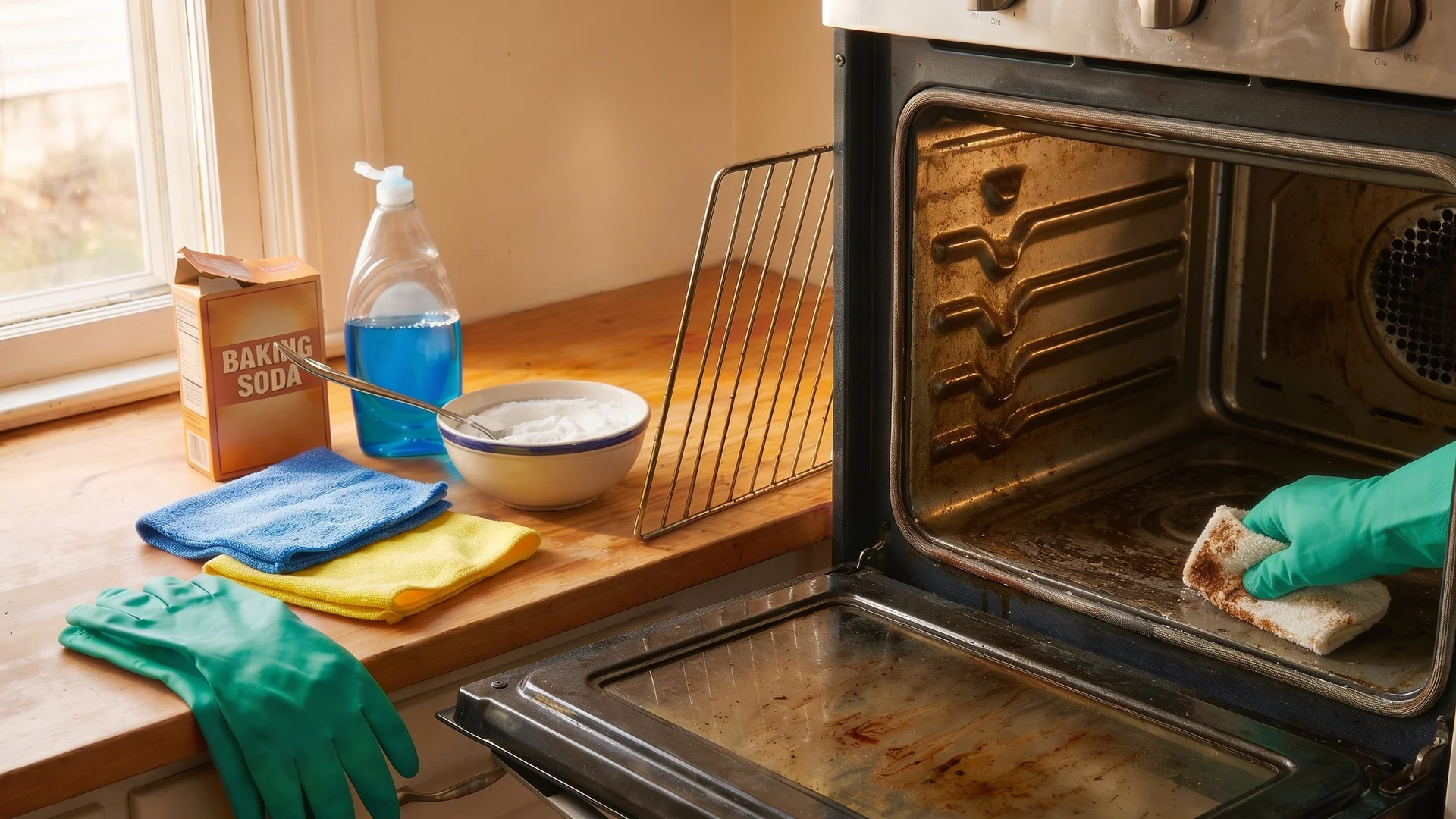 Removing baking soda paste from oven interior with microfiber cloth