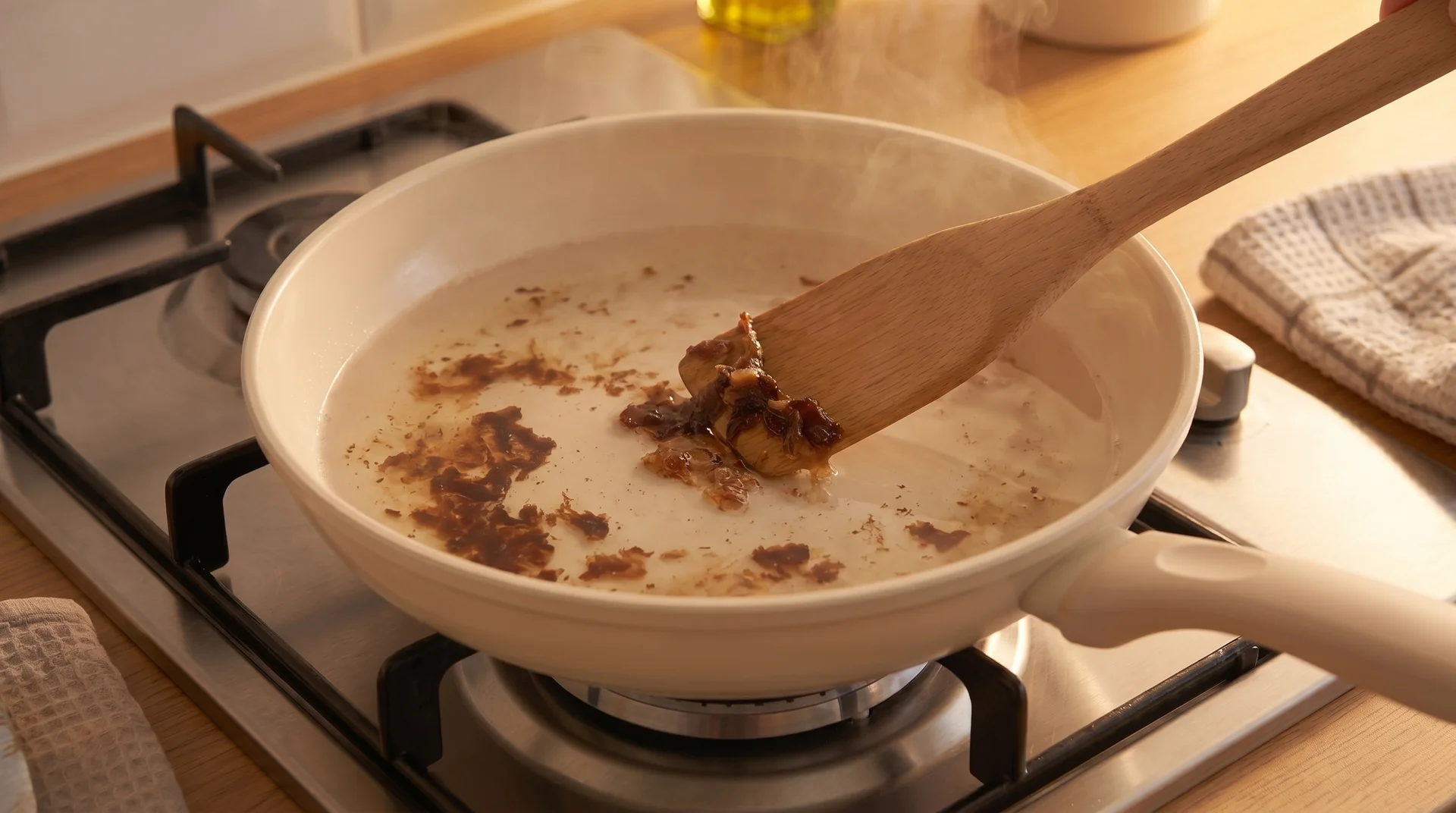 Removing softened food residue from a ceramic pan with a wooden spatula