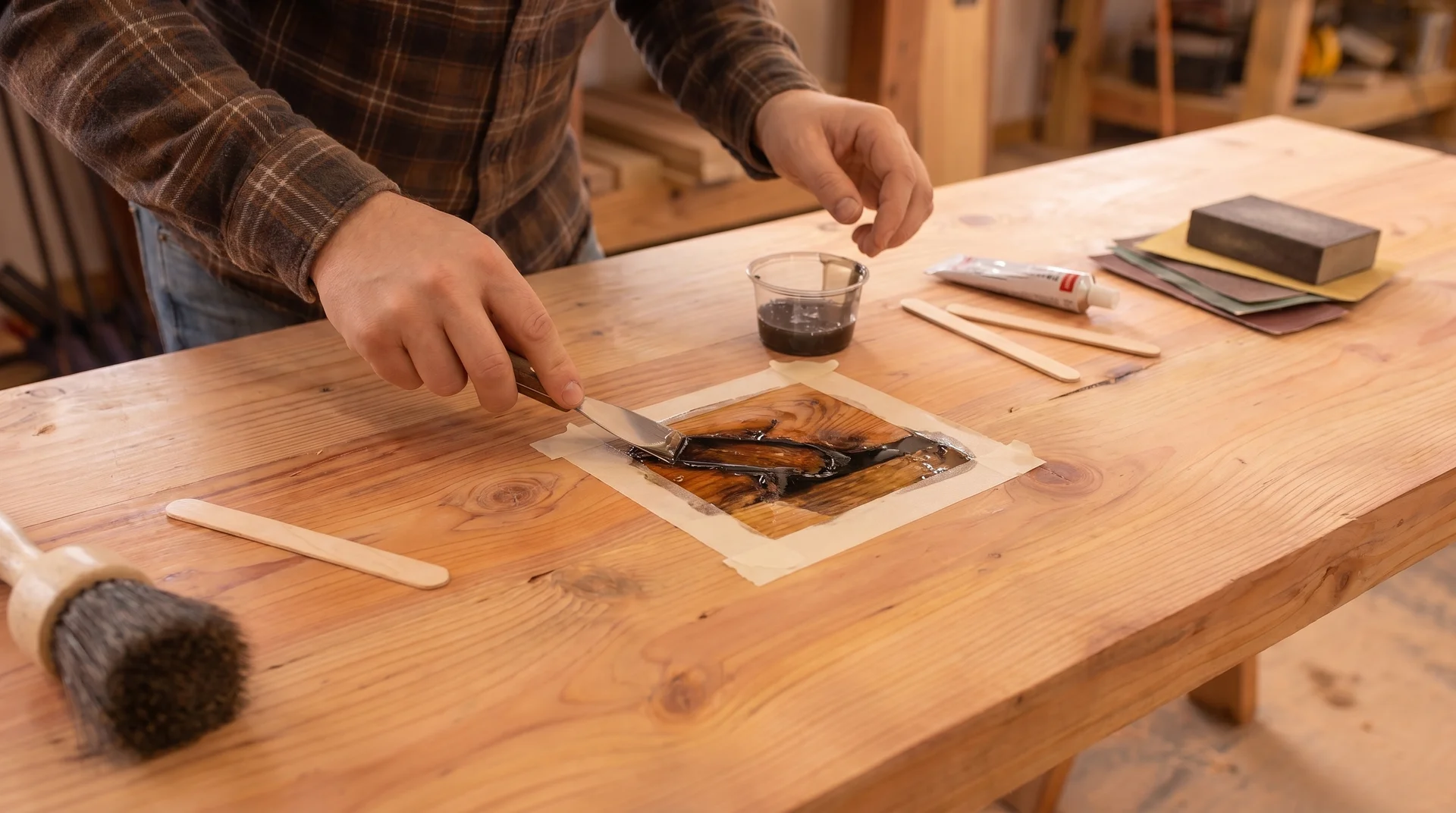 Repairing a knot defect in a solid wood tabletop