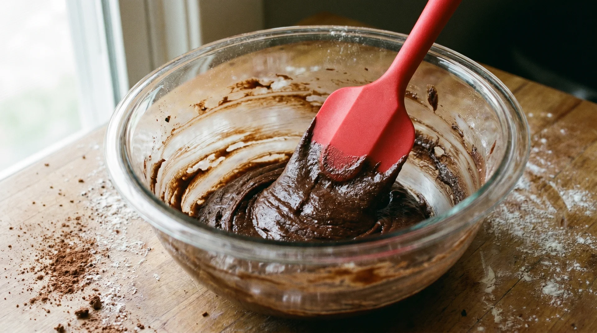 Rubber scraper clearing the last of brownie batter from a glass mixing bowl, blade conforming to the bowl curve