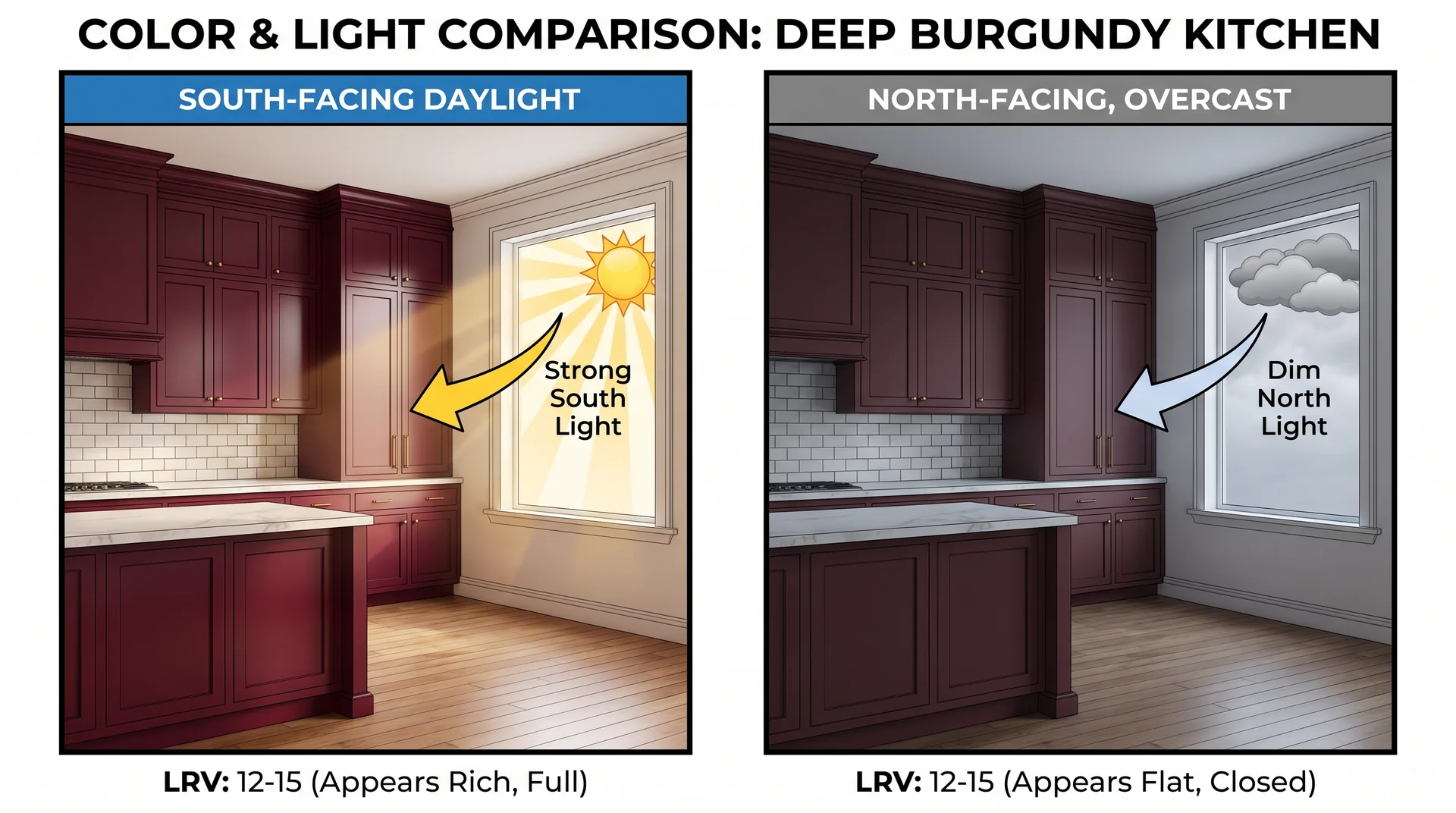 Same burgundy kitchen in strong south light versus dim north light showing how LRV affects the color