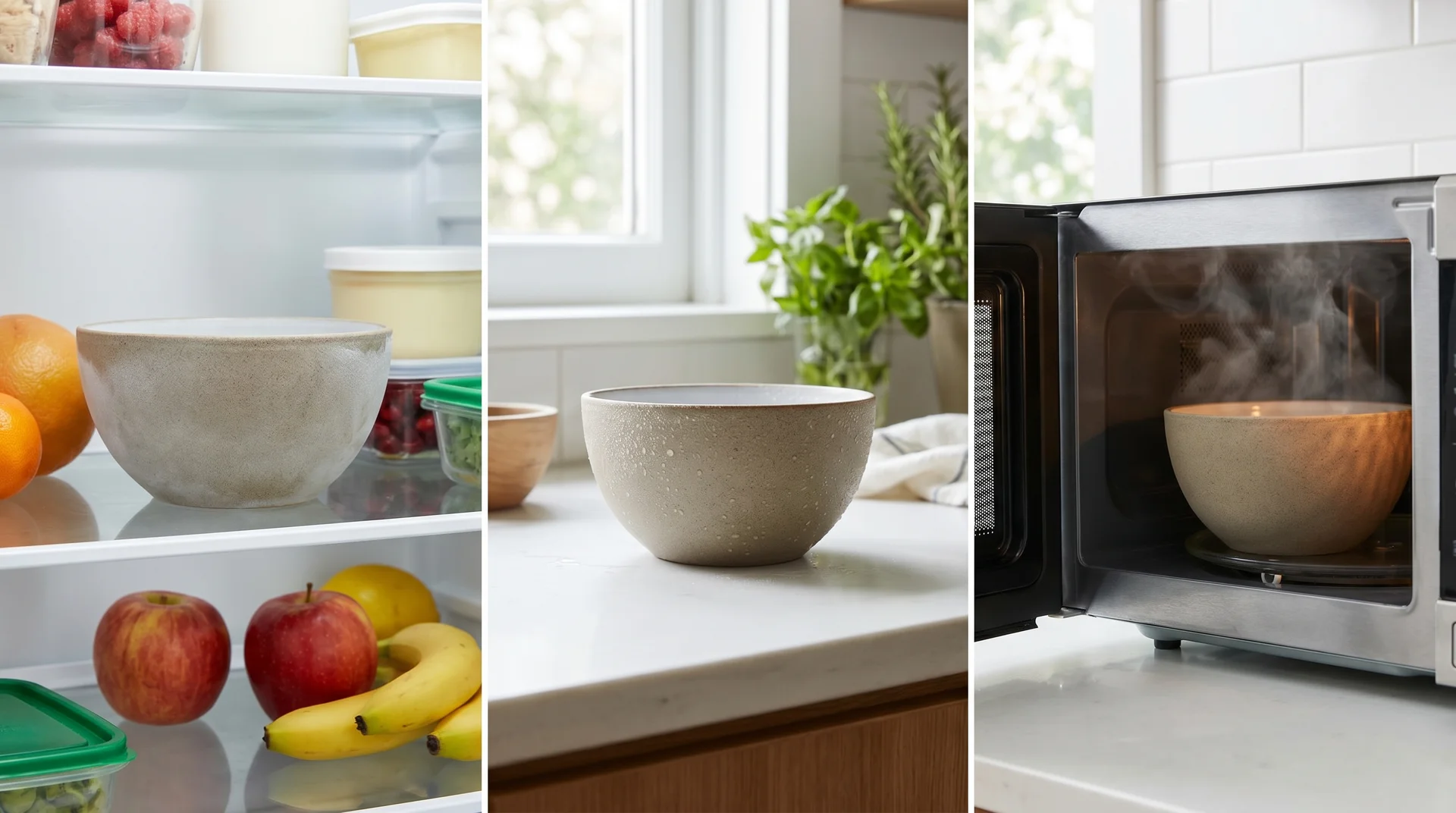 Same stoneware bowl in refrigerator, on counter, and inside microwave showing temperature transition