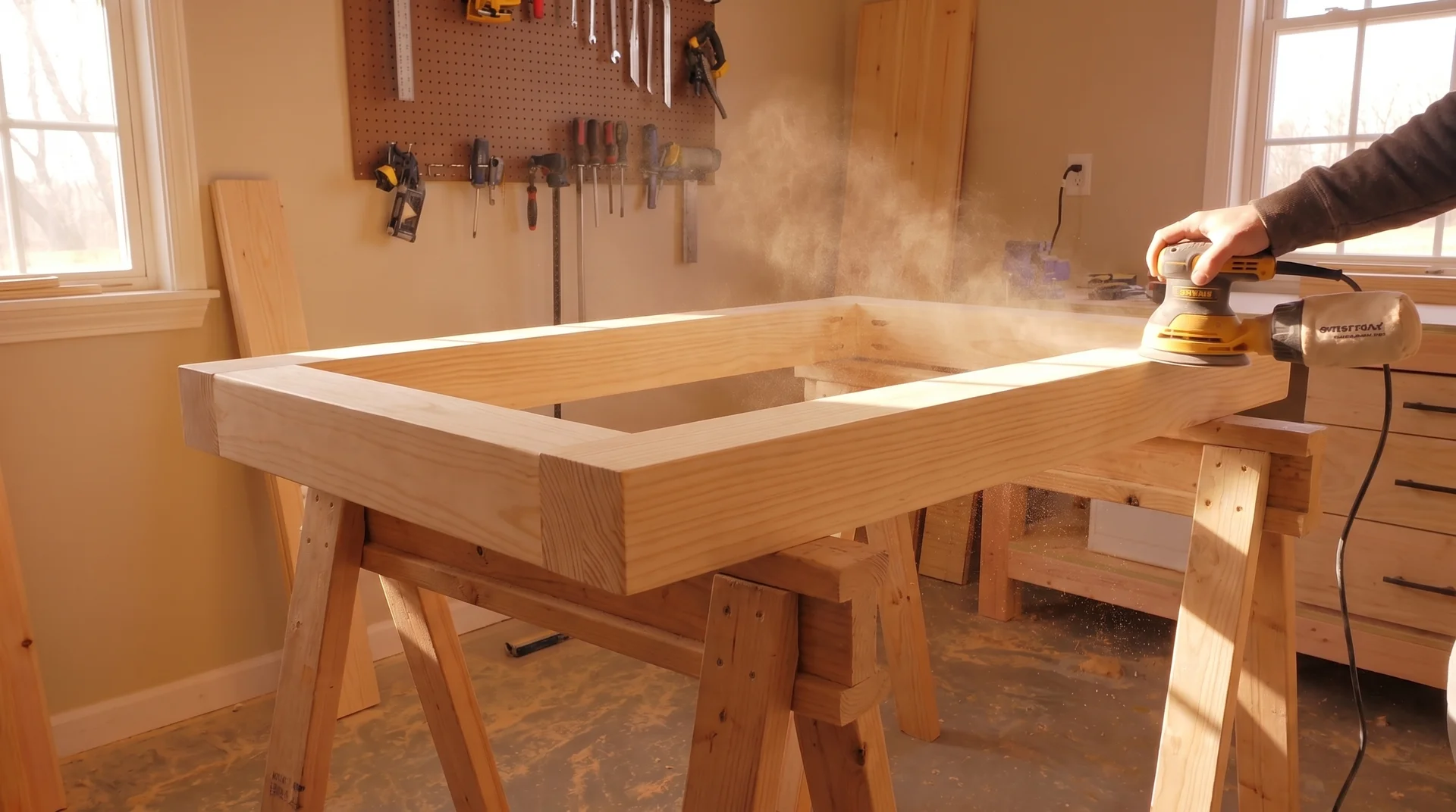 Sanding a completed farmhouse table base before finishing