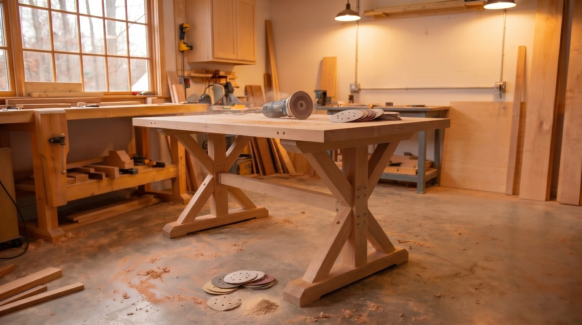 Sanding a farmhouse tabletop before applying finish